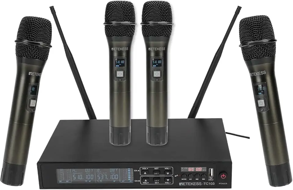 Retekess Sistema de microfone sem fio TC104, microfone de karaokê, 4 x 50 canais ajustáveis, leitura automática, conjunto de microfones sem fio com 4 microfones portáteis para cantar, igreja
