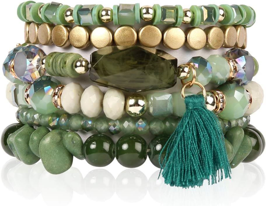 Coin Bead Multi Layer Versatile Statement Bracelets - Stackable Beaded Strand Stretch Bangles Sparkly Crystal, Tassel Charm
