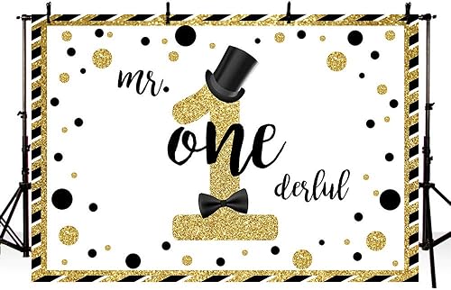 MEHOFOND Mr Onederful - Fondo de cabina de estudio fotográfico negro y dorado con purpurina dorada, sombrero negro, pajarita para decoración de