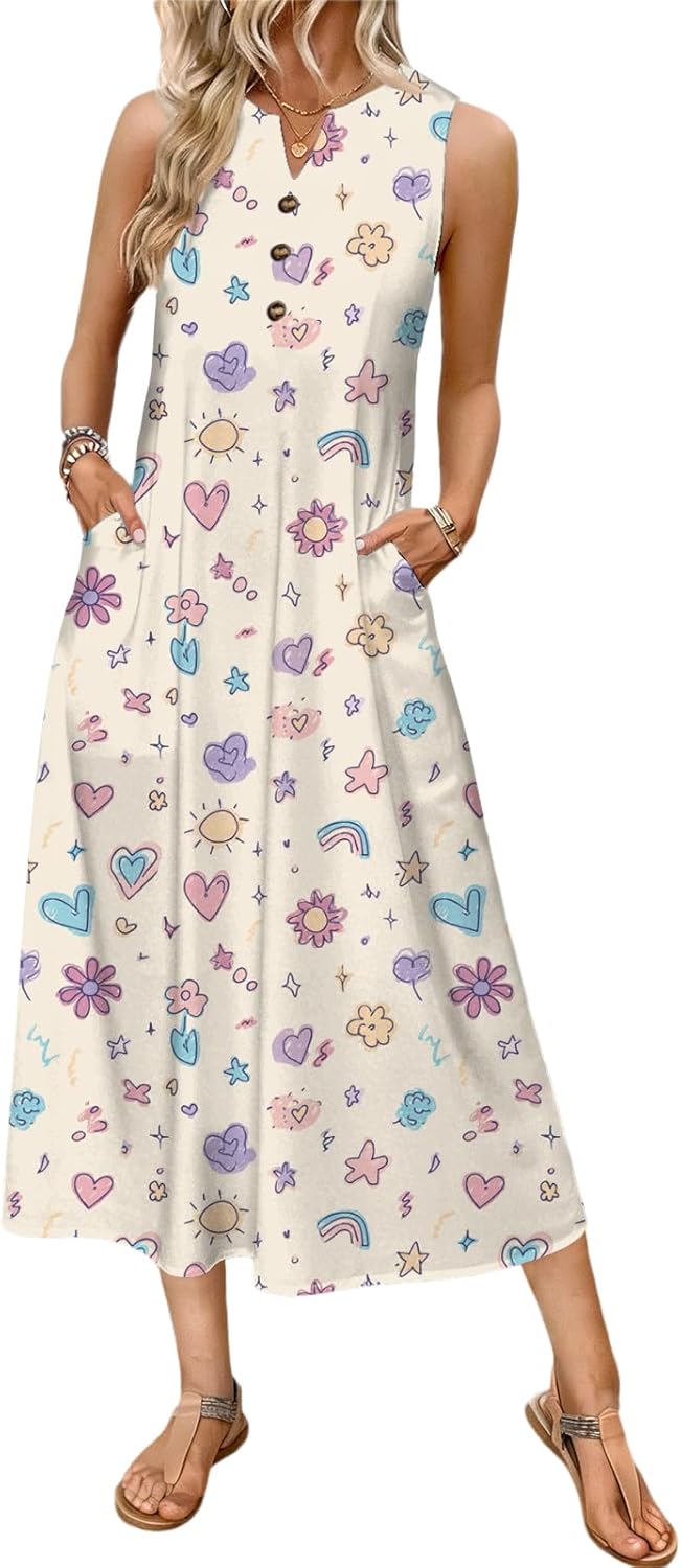 Womens Sleeveless Maxi Dress Bohemian Floral Print Tank Dress Summer Casual Swing B...