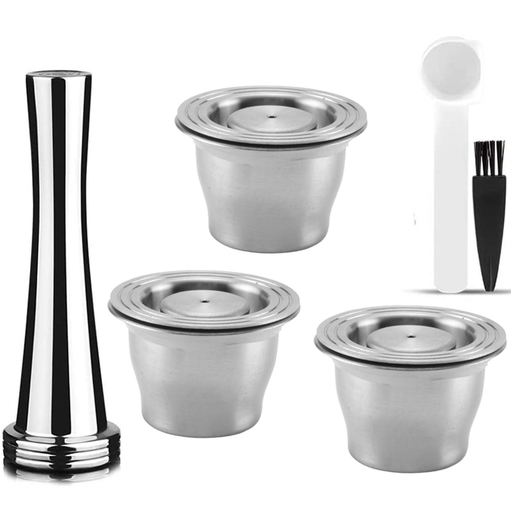 Cápsulas reutilizables, acero inoxidable, 6 almohadillas recargables para + 2 manipuladores + 2 cucharas + 2 cepillos