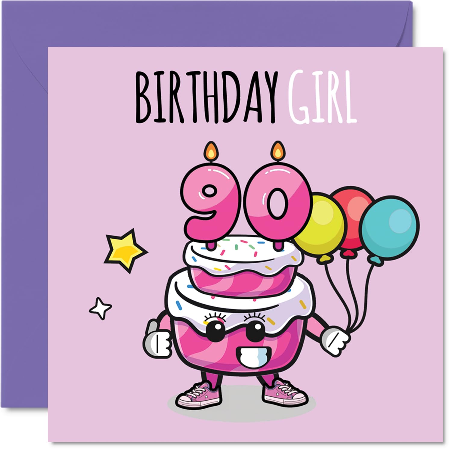 90th Birthday Cards for Women - Birthday Cake Girl Balloons - Happy Birthday Card for 90 Year Old Woman Auntie Nana Nan Nanny, 145mm Bday Greeting Cards