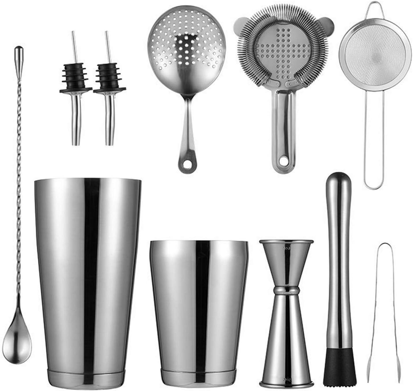 N/S 11pcs Bartender Tools Set Boston Cocktail Shaker Tins Cocktail Strainer Double Jigger Bar Spoon Set for Drink Mixer Bartending -Silver