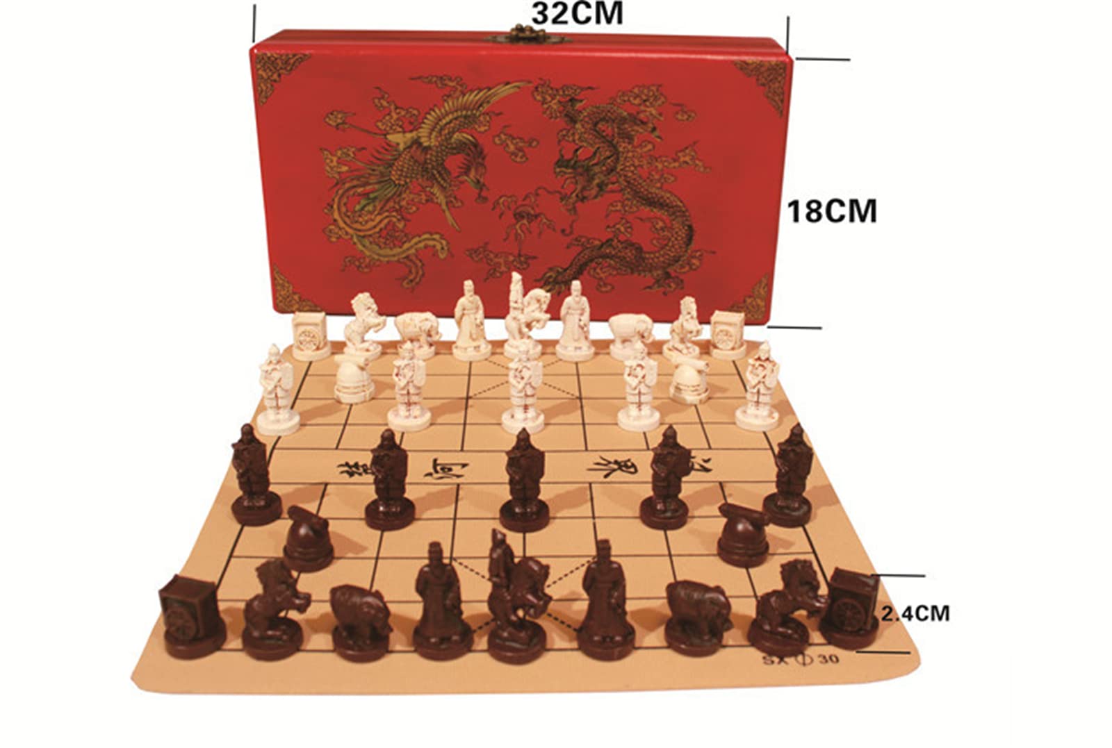 Jeu D'échecs Chinois Vintage En Terre Cuite - 32 Pièces + Plateau Bois - S2X0