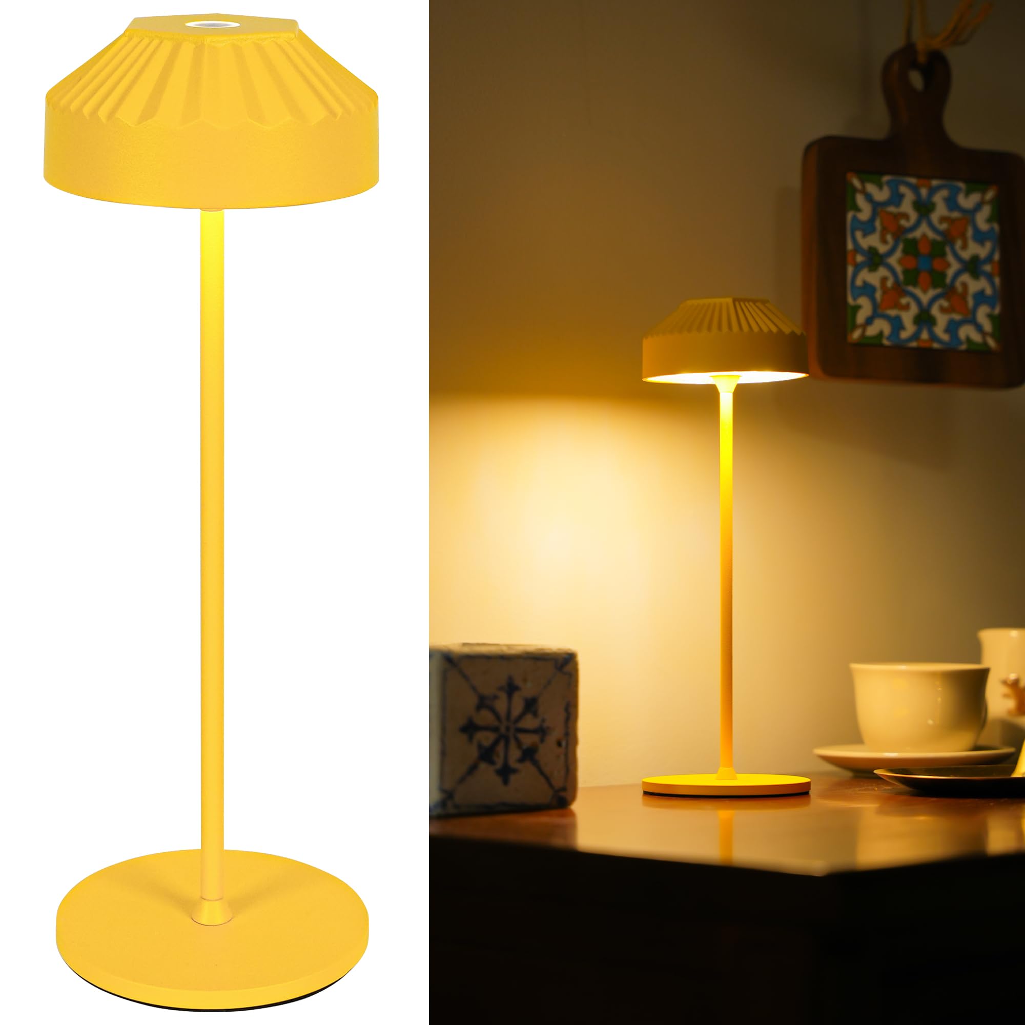 Luminexdesigns Amarillo Lámpara De Mesa Led Inalámbrica Recargable, Táctil Regulable Con 3 Temperaturas De Color Y Función Memoria, Mini Lámpara De Mesita En Metal Pesado Para Dormitorio, Terraza