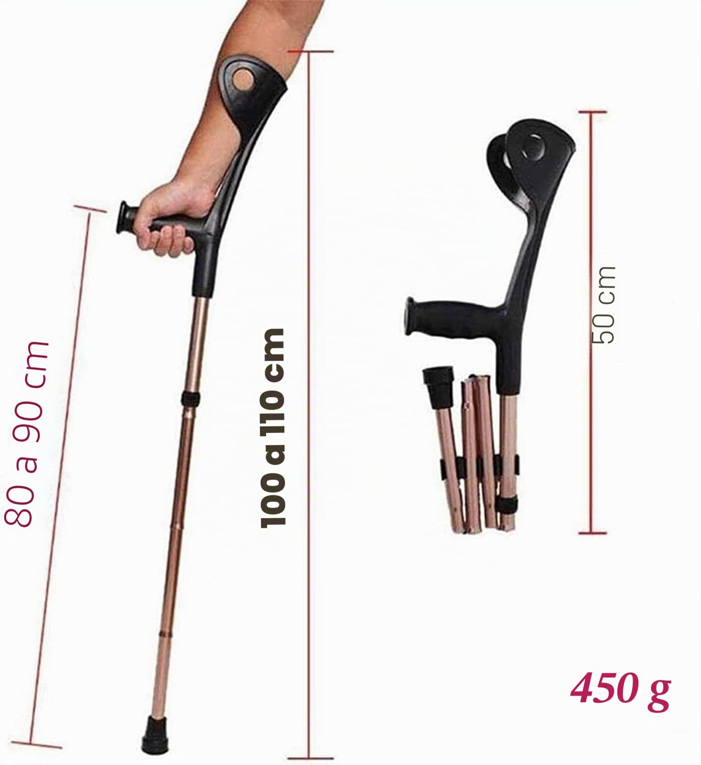 Muleta plegable portátil ligera de aleación de aluminio ajustable en altura para adultos