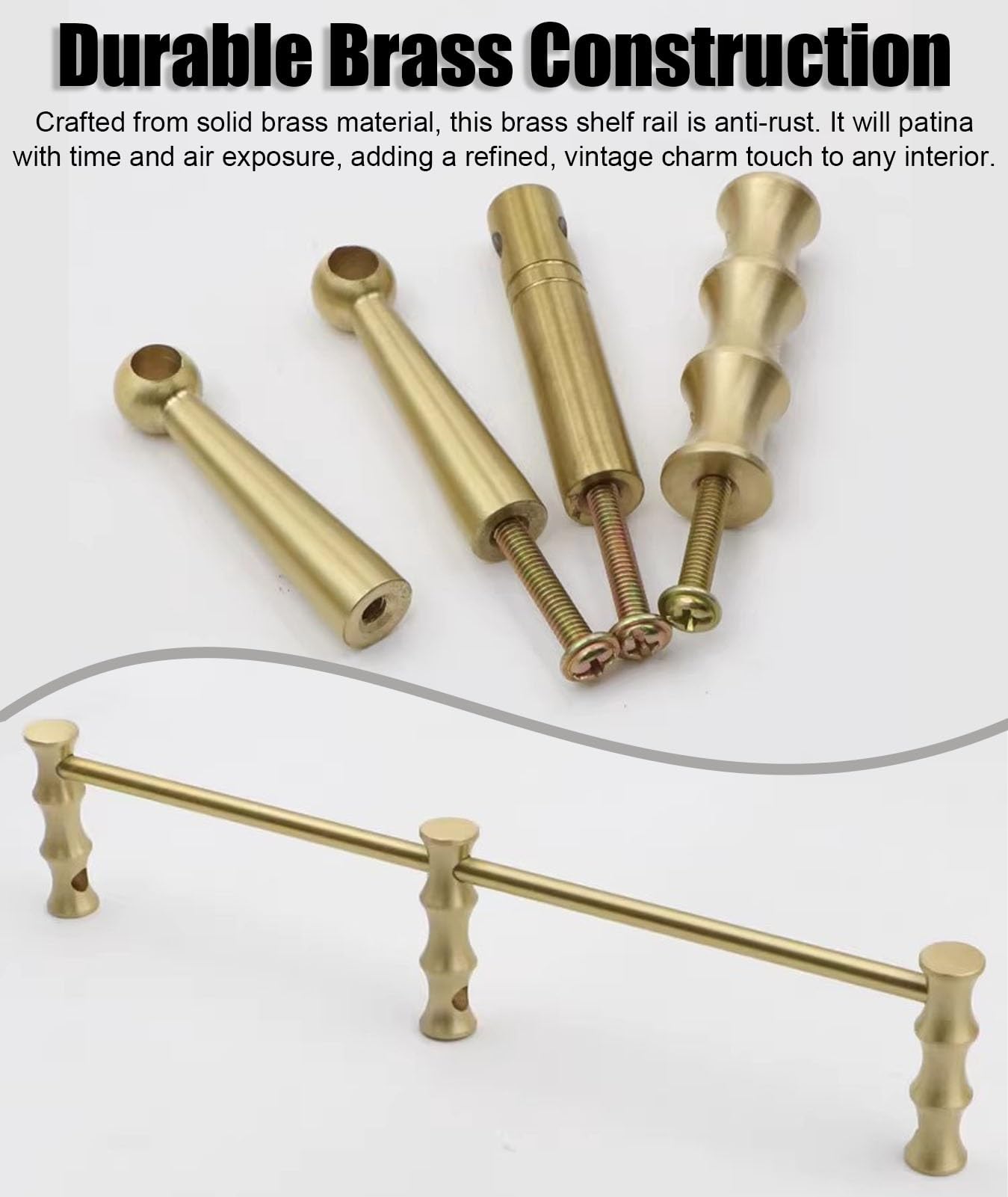 Generico Binari in Ottone Massiccio per Appendere mensole in Legno, ringhiera Decorativa per mobili, Set di binari per mensole con Barra Rotonda Lunga e 3 montanti (Stile A, 36 cm)