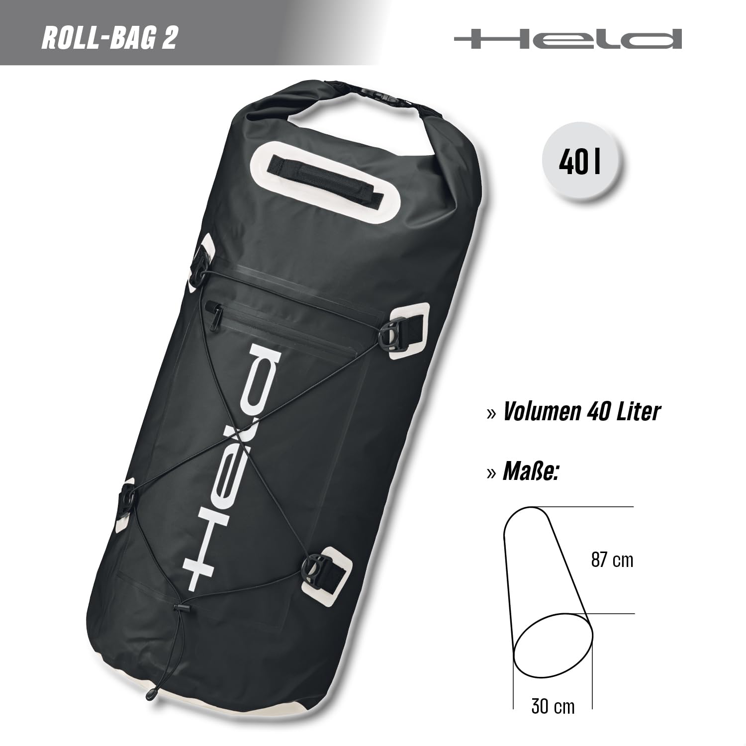Held Roll-Bag 2 Motorrad Tasche - 100% wasserdichte und Staubdichte Hecktasche Motorrad aus Starkem Tarpaulin mit Reflex-Prints & Roll-Klickverschluss - Größe 40 Ltr. - Schwarz
