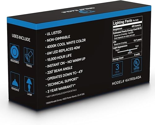 Miniatura 5 de GREAT EAGLE LIGHTING CORPORATION Bombilla LED A19, 6 W (equivalente a 40 W), certificación UL, 4000 K (blanco frío), 450 lúmenes, no regulable,