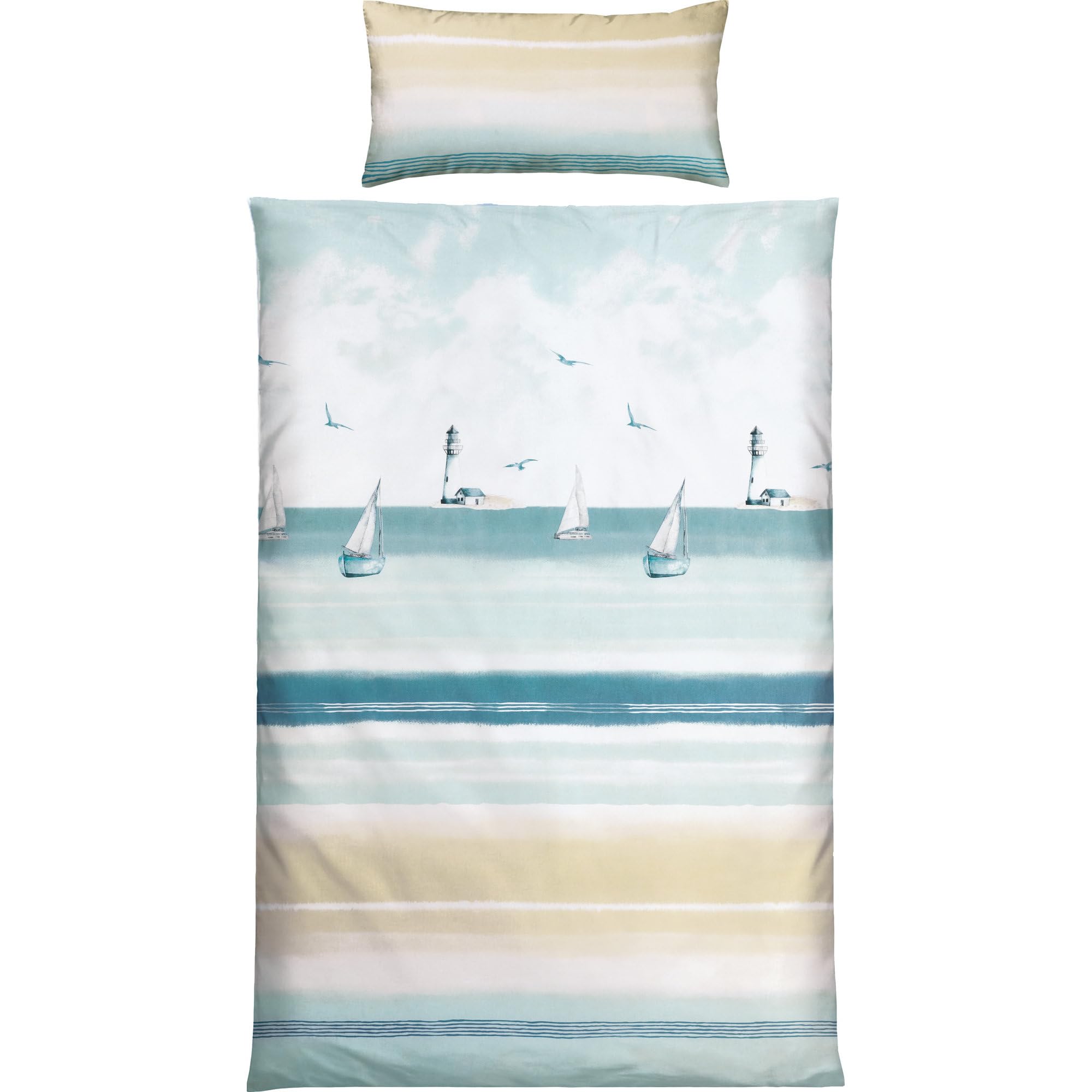 REDBEST Renforcé Bettwäsche Maritim blau-beige Größe 40x80 cm / 135x200 cm - temperaturausgleichend, strapazierfähig, mit Reißverschluss
