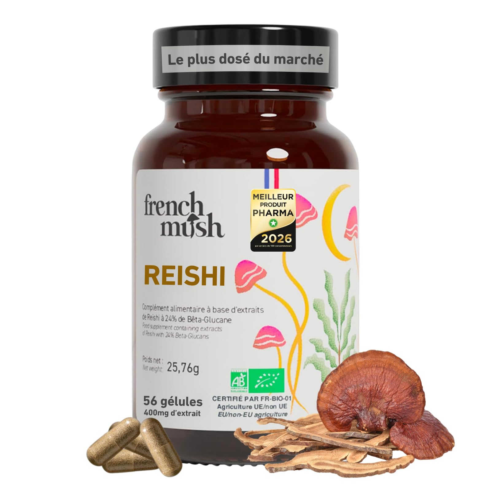 French Mush - Reishi Bio 8000mg - 56 Gélules Vegan - 30% Polysaccharide, 92% Biodisponibilité - Effet Apaisant, Sommeil Réparateur, Relaxation - Testé en Laboratoire - Fabriqué en France