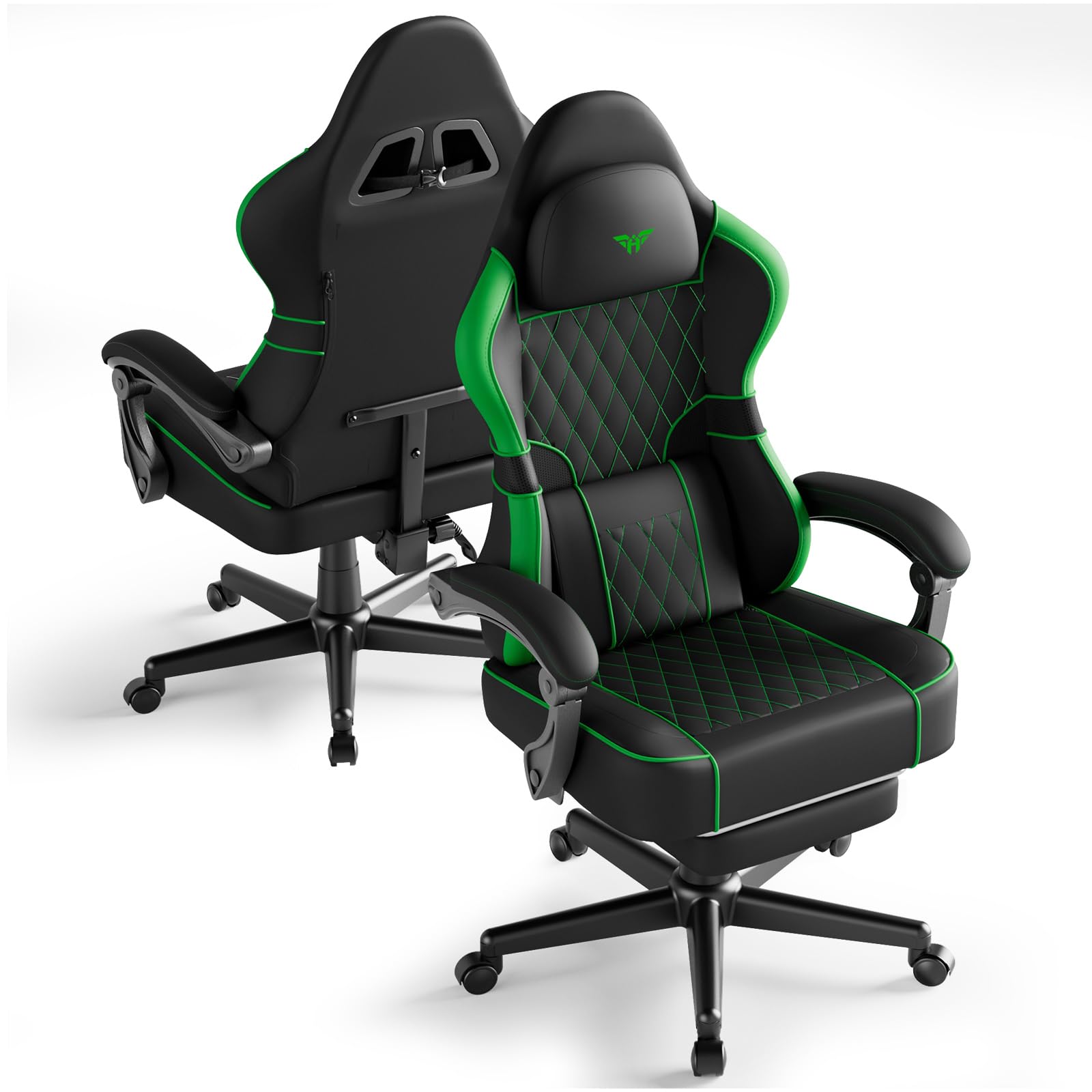 Ferghana Silla Gaming Ergonómica con Masajeador,Silla Gamer en Cuero PVC Transpirable,Soporte Lumbar de Masaje,Reposacabezas,Reposapiés,Silla de Oficina,Silla Ergonómica de PC (Verde,Cuero PVC)