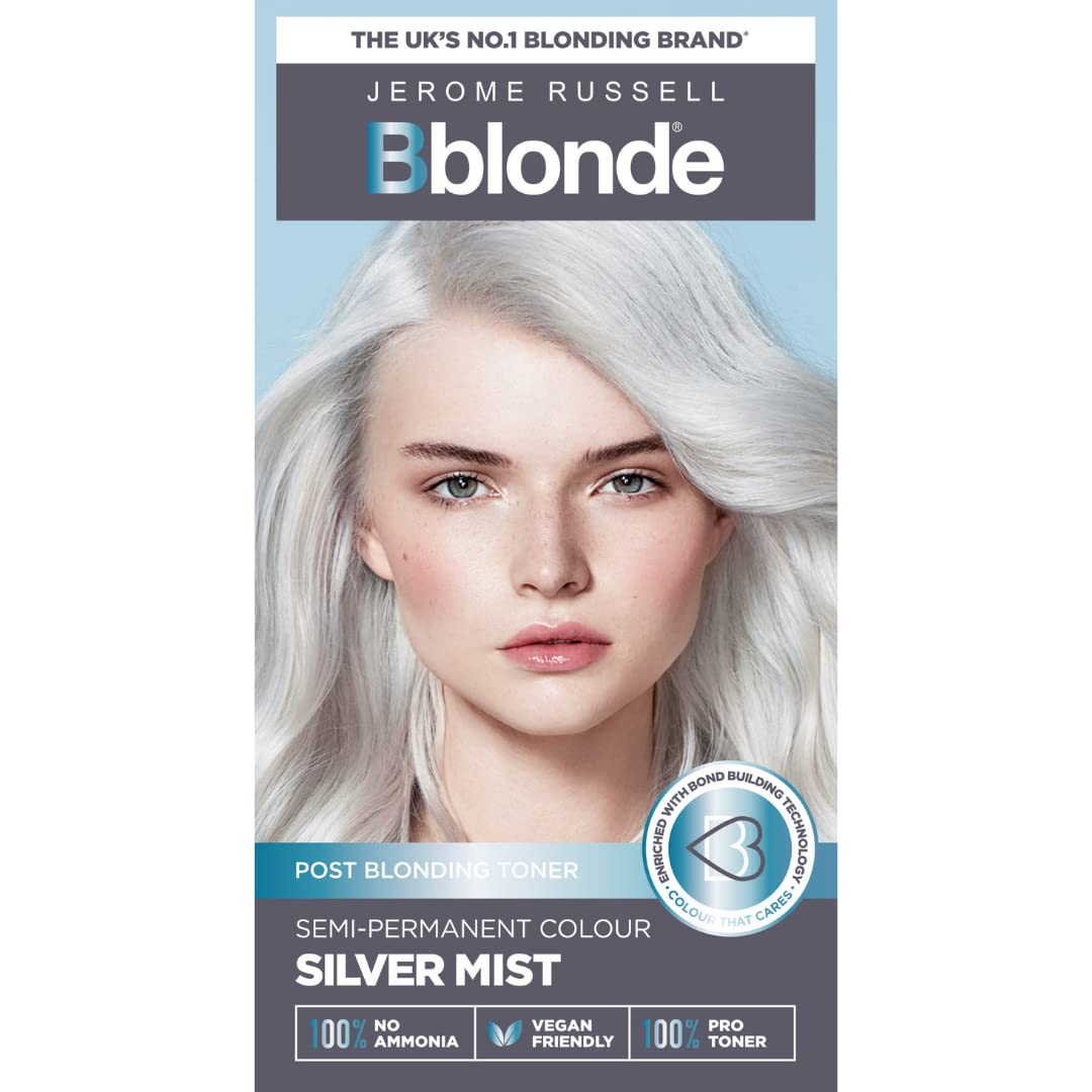 Jerome Russell Bblonde Silver Mist Post Blonding Toner - Semi Permanent Hair Dye Kit for Pre Lightened & Blonde Hair with Brazil Nut Oil, No Ammonia & Vegan