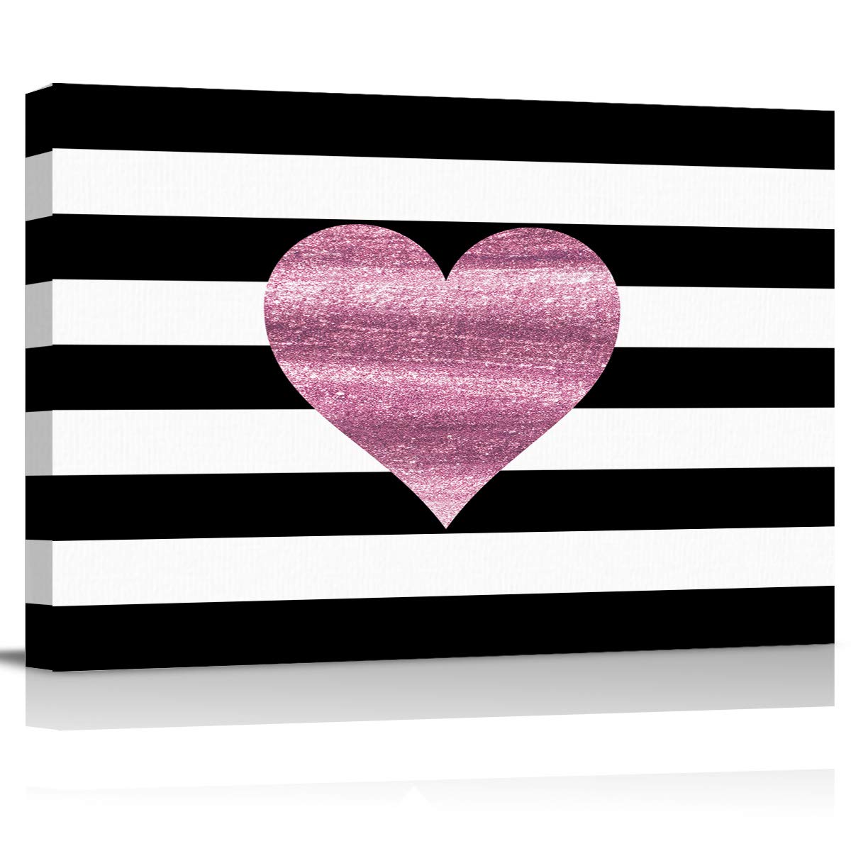 LooPoPArt Print on Canvas Pictures No Frame for Bedroom Valentine's Day Wall Decor Canvas Posters for Boys Nursery Decor Pink Heart on The Black White Stripes 12x16 inch
