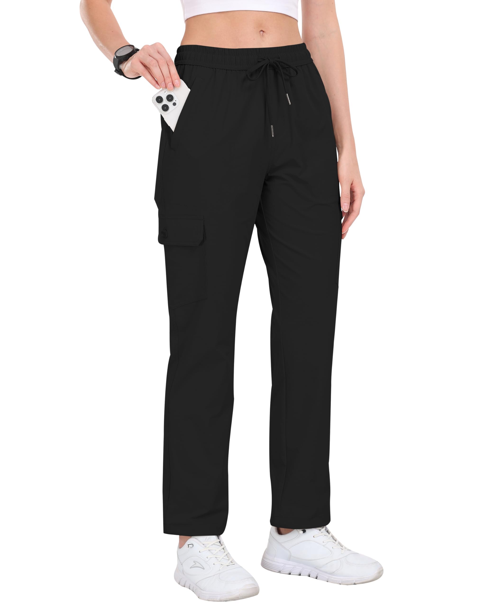 JINSHI Pantalon de Randonnée Imperméable Femme Été Pantalon Cargo Jogging Léger Séchage Rapide Taille Elastique Pantalon de Décontracté Extérieur Montagne Trekking