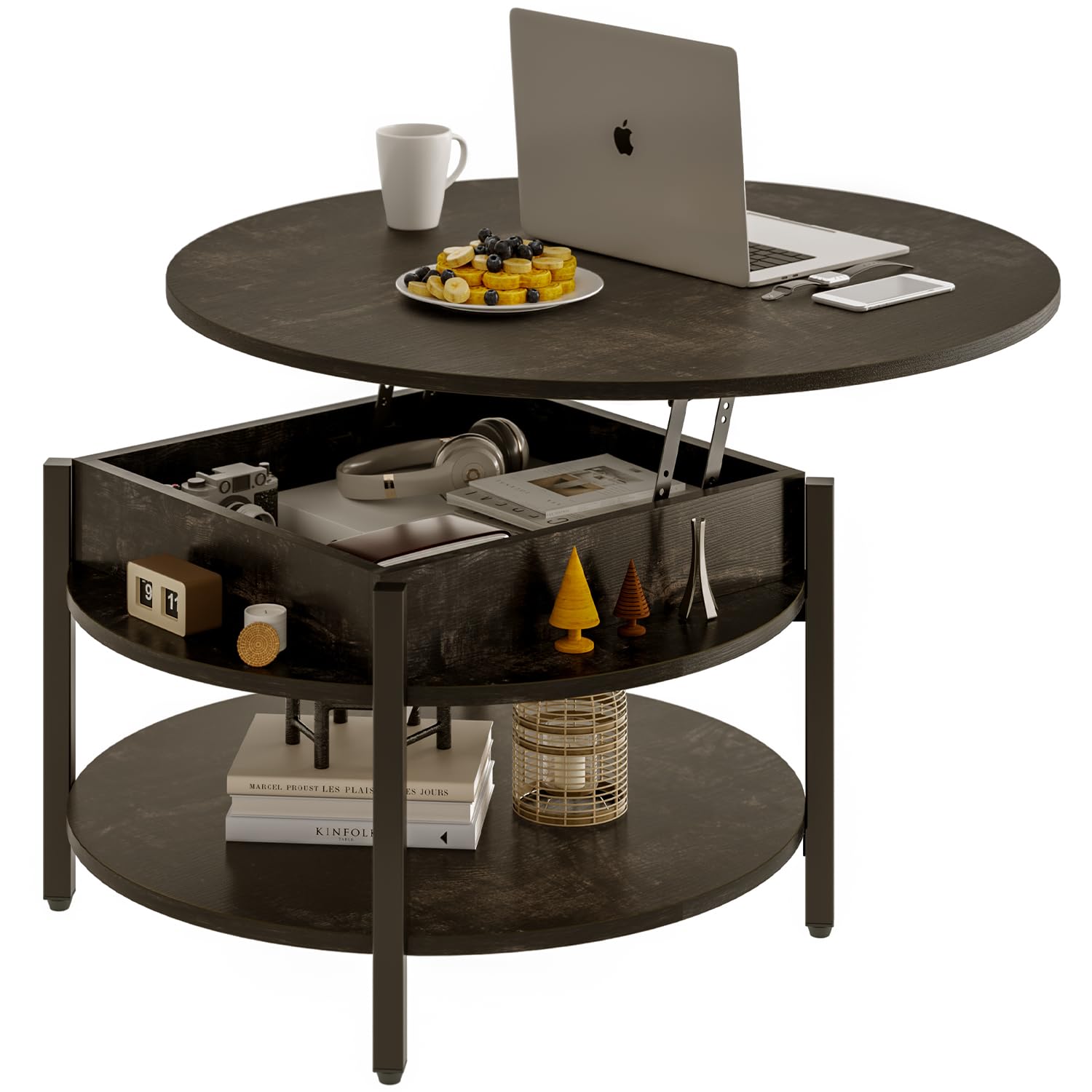 FABATO Round Lift Top Coffee Table with Storage and Hidden Compartment, 26.77'' Farmhouse Coffee Table for Living Room Reception Room, 2 Tier Small