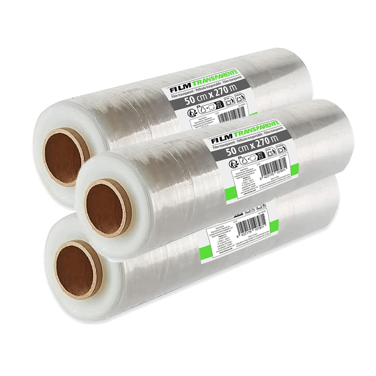 Lot de 3 Film rétractable transparent pour emballage colis déménagement ou expédition 3 kg/20 µm. Largeur 50 cm x Longueur 270 m