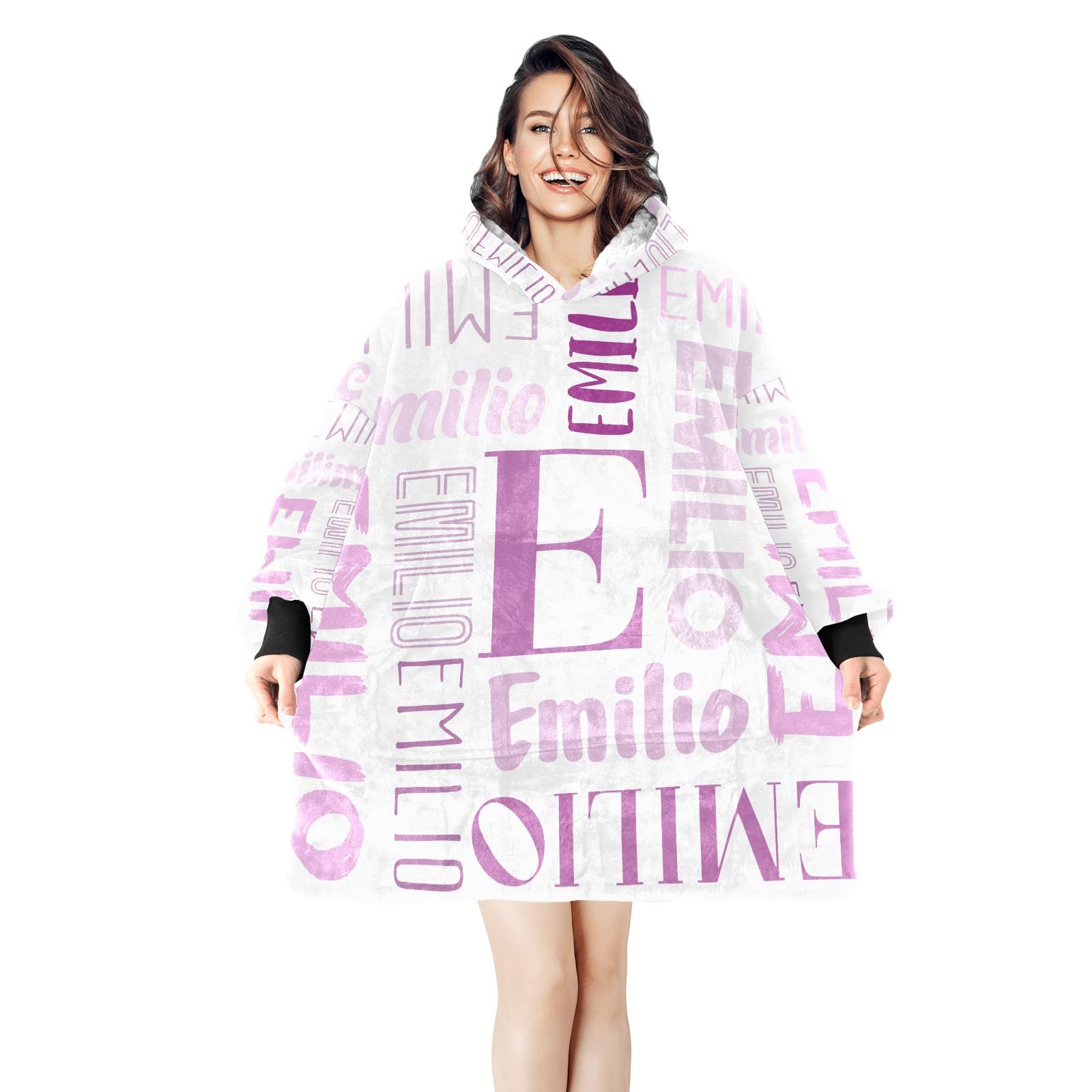 ZAACUSTOM Personalized Fashion Warm Wearable Blanket Adult with Name, Soft Cozy Sherpa Oversized Sweater Blanket Hoodie Women with Hood, Pocket, Sleeves