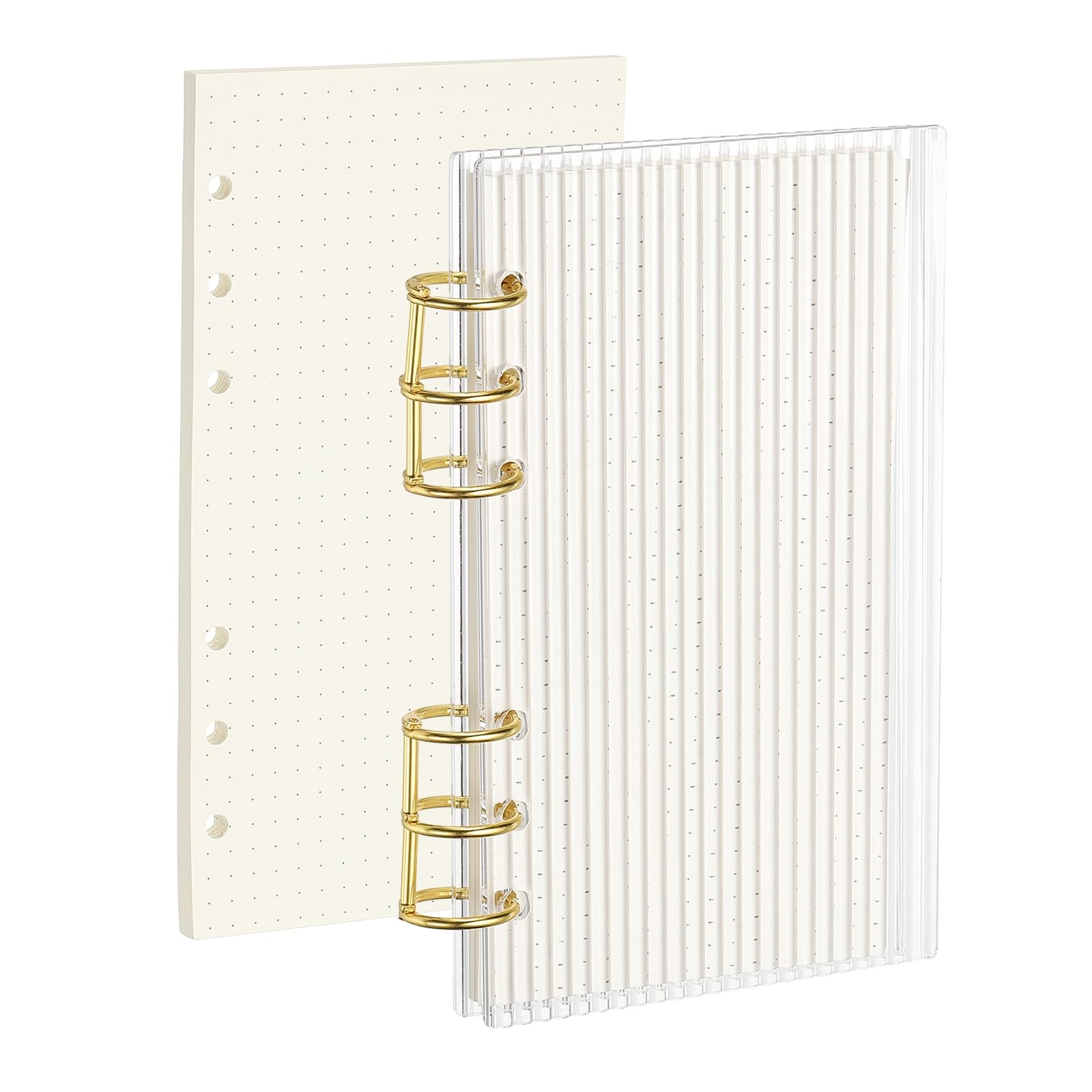 PATIKIL 6 Ring Binder Notebook Cover, A6 Strip Acrylic Binder Notebook 2 Gold Metal Round Rings with 90 Sheets Dot Inner Papers for Travel Office Planner Budget, Clear