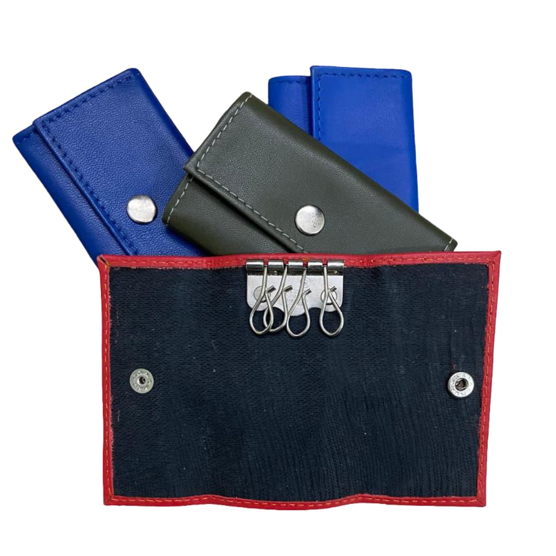 Leather Key Case Holder with 5 Hooks, Multi-Colour Card Wallet, Red Blue Black (Set of 2 Shipped)-image-42