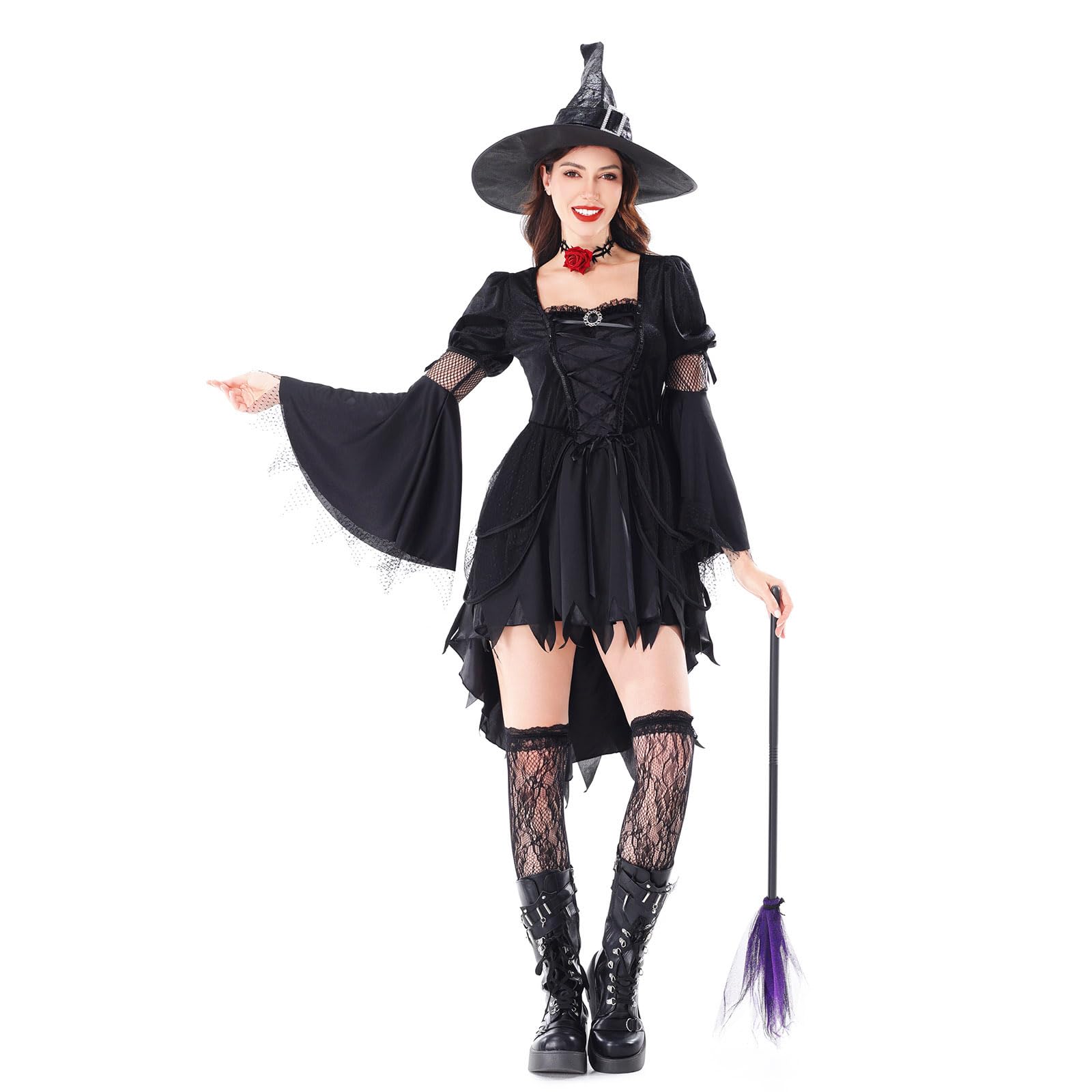Vestido Gótico Mujer Terciopelo Volantes Encaje Falda Amplia Manga Larga Campana Vestido de Fiesta Temático Halloween Disponible Temporada Época Renacimiento con Cinturón Corsé Ajustable Ancho Retro