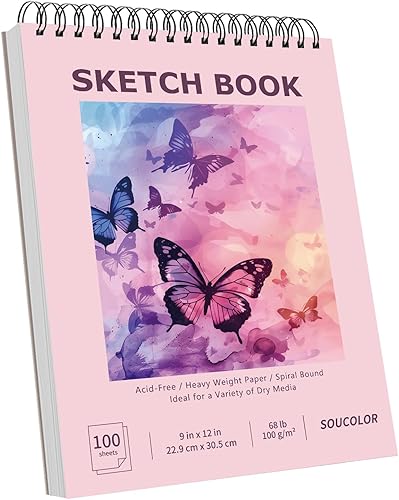 Miniatura 84 de Soucolor - Cuaderno de bocetos de 9 x 12 pulgadas, paquete de 1 de 100 hojas, encuadernado en espiral, libre de ácido (68 libras/100 g/m²), bloc
