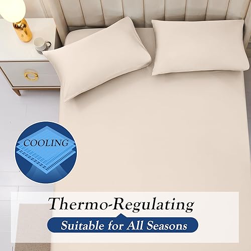 Miniatura 4 de YIYEA Juego de sábanas bajeras y fundas de almohada tamaño individual  Sábana bajera ajustable de viscosa de bambú de primera calidad para personas