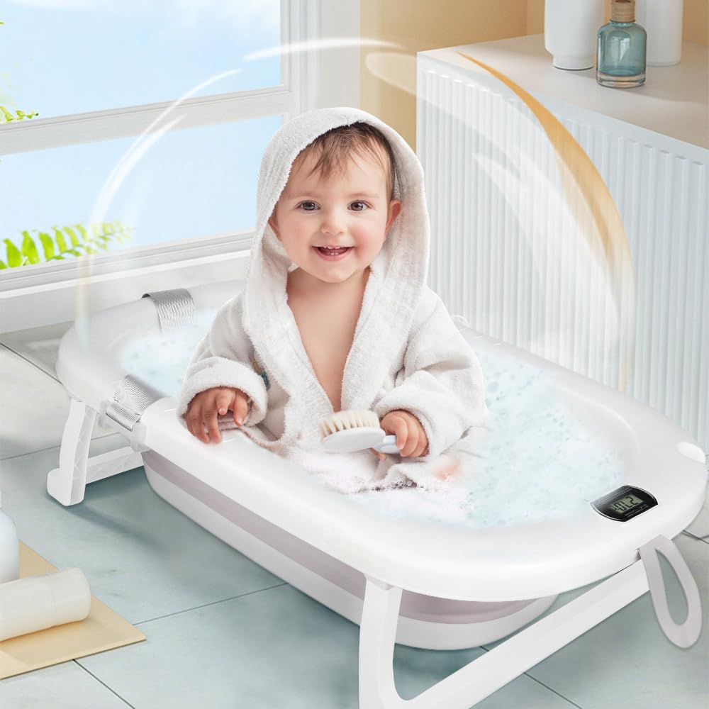 Vasca da bagno per neonati con tappetino da bagno e termometro, vasca da doccia portatile antiscivolo, vasca da bagno pieghevole per neonati bambini, 80 x 50 x 23 cm (grigio)