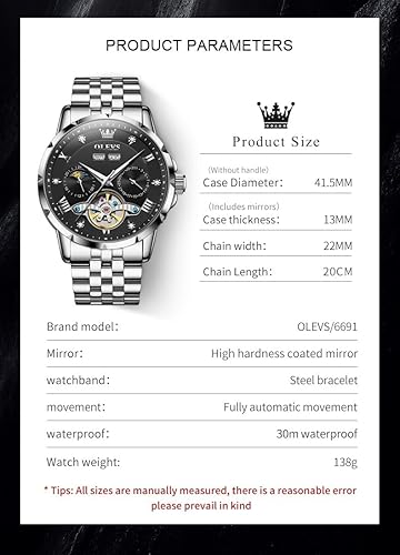 Miniatura 6 de OLEVS Relojes automáticos para hombre, cuerda automática, de lujo, de acero inoxidable, impermeable, relojes de pulsera para hombres