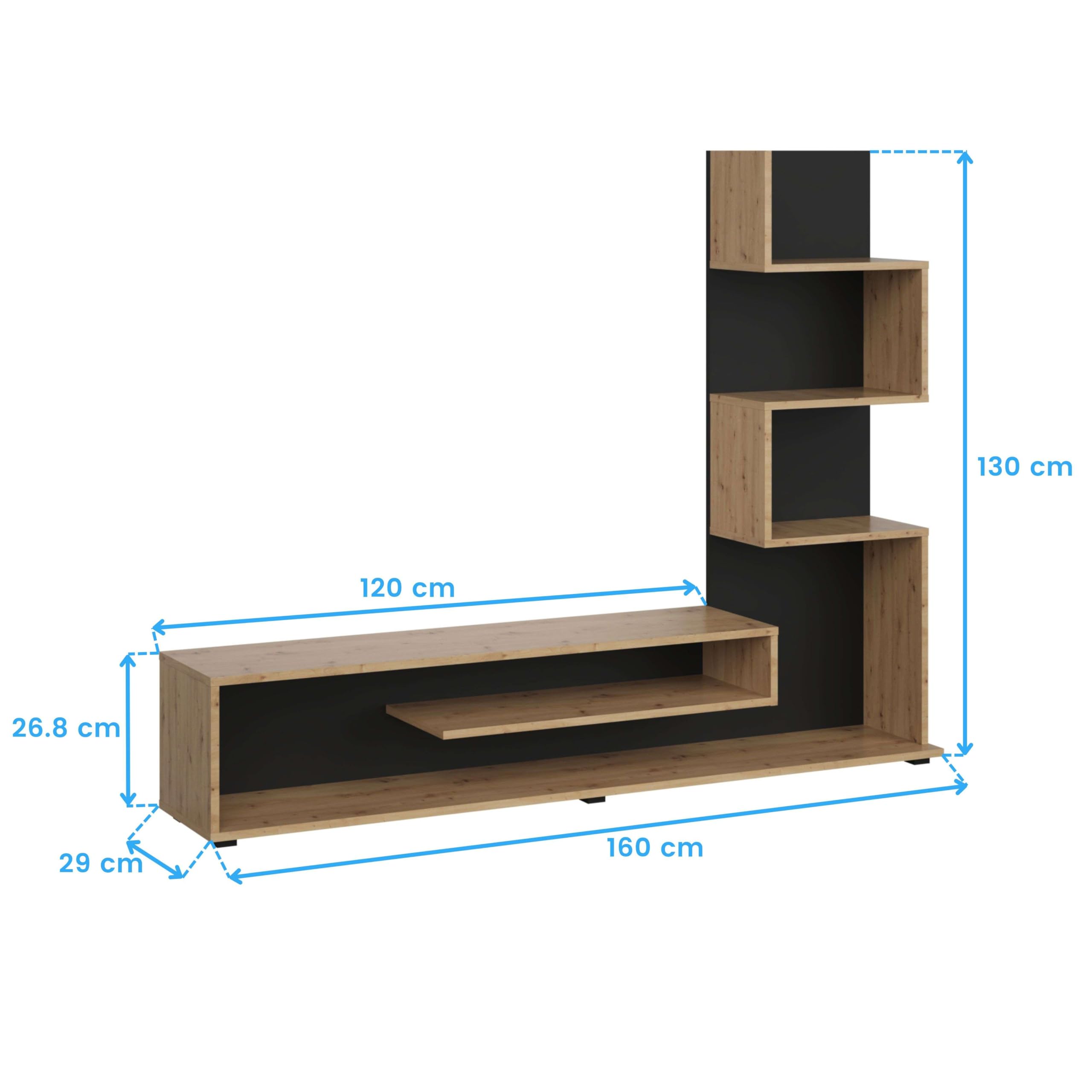 Miroytengo Módulo de TV para Salón Comedor Snake Estilo Industrial en Color Roble Artesano y Negro con 4 Estantes 160x130x29 cm