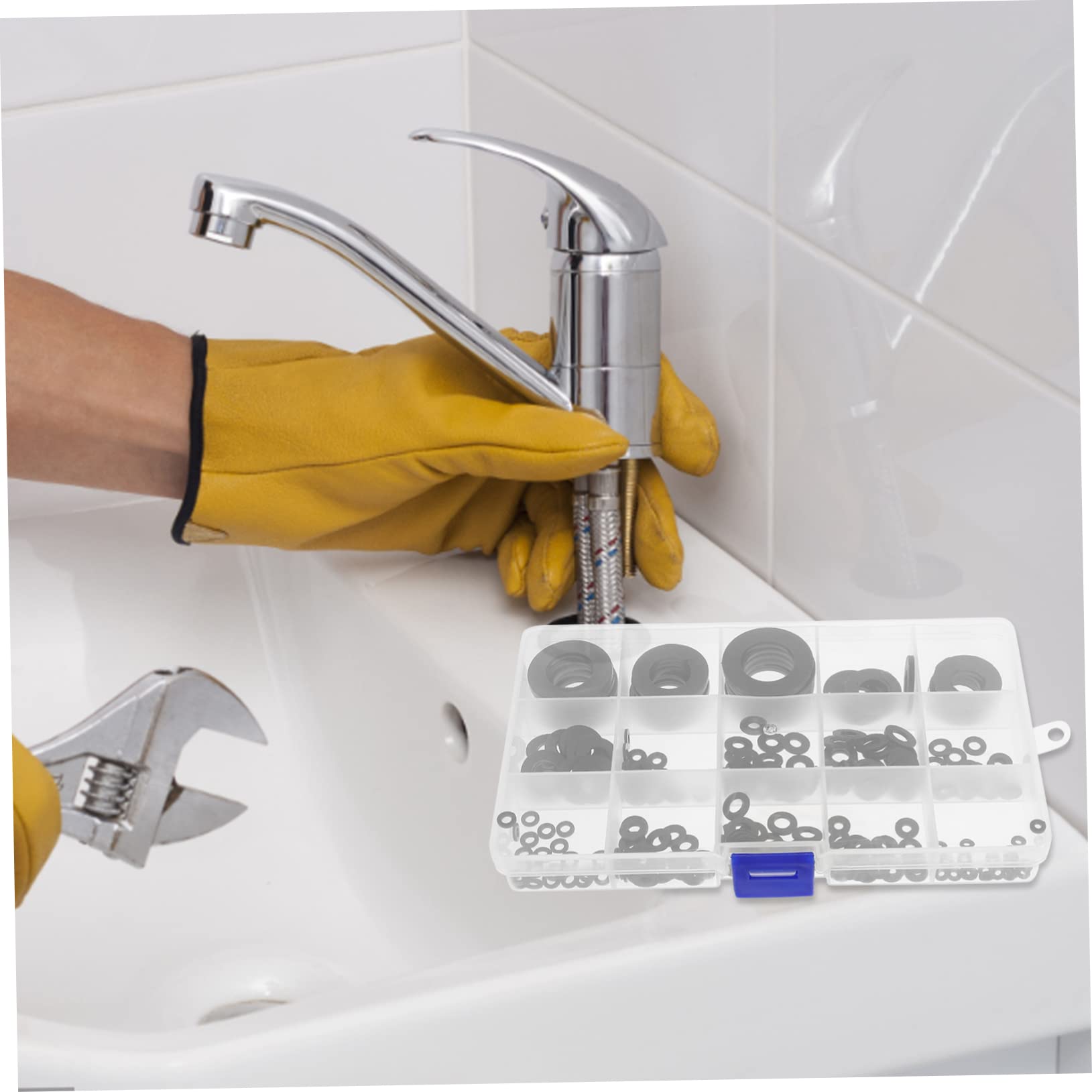 Guarnizioni Rubinetto 215pezzi in Plastico Nero, Rondelle Piatte e Beveled per Lavello Bagno e Cucina, Riparazione Perdite