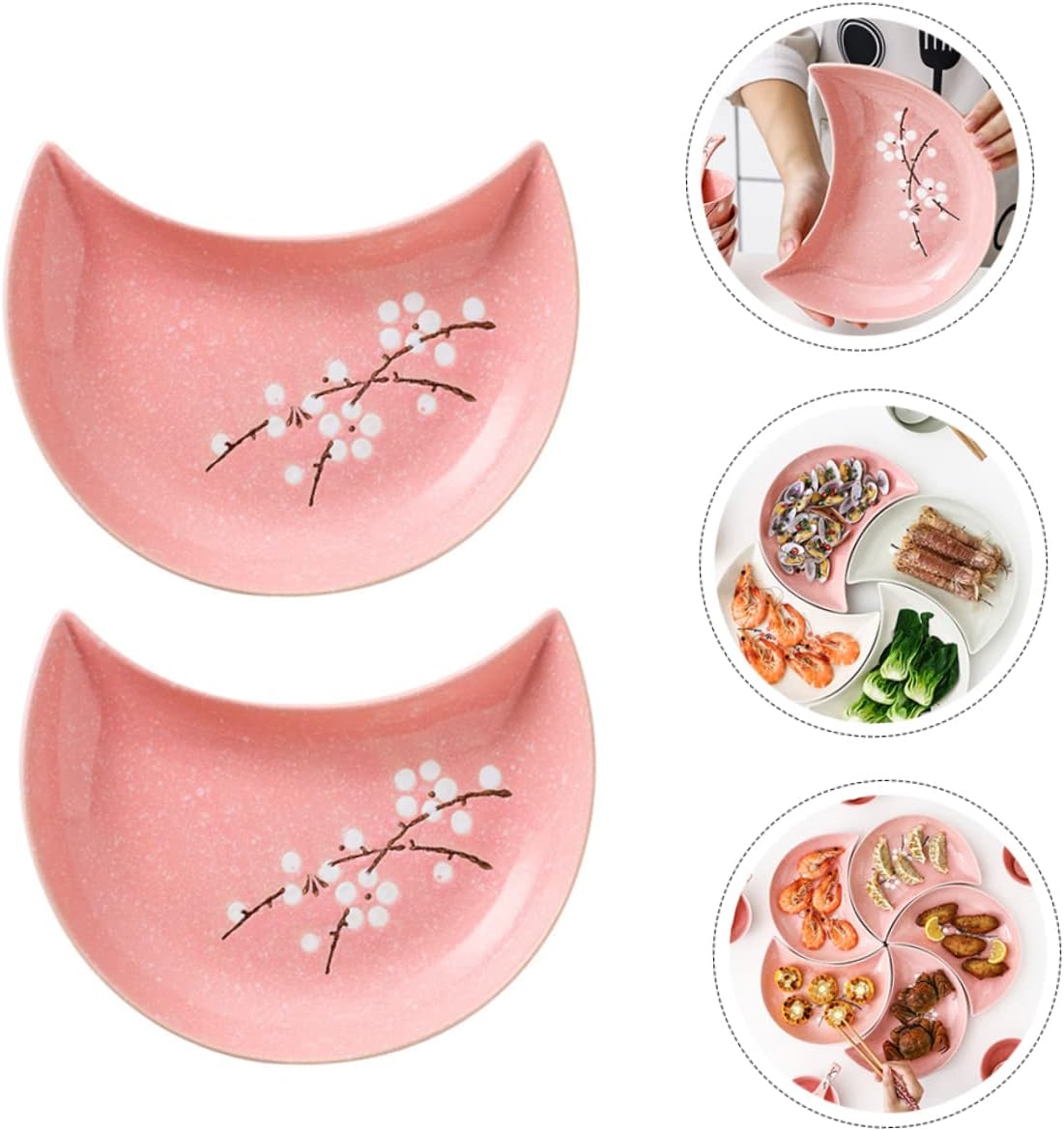Unomor 2pcs Creative Moon Shape Sushi Plates Japanese Style Ceramic Dish for Home and Party Practical Storage Tray for Seafood and Desserts Pink Color