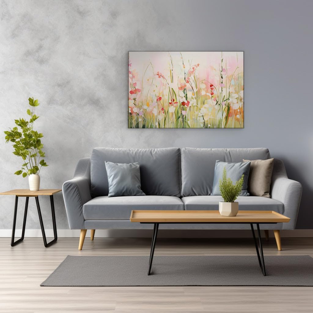 Wall Art Canvas for Living room. Blooming Vitality: A Canvas Alive with Vivid Florals and Pastel Skies, 27 x 18 inch