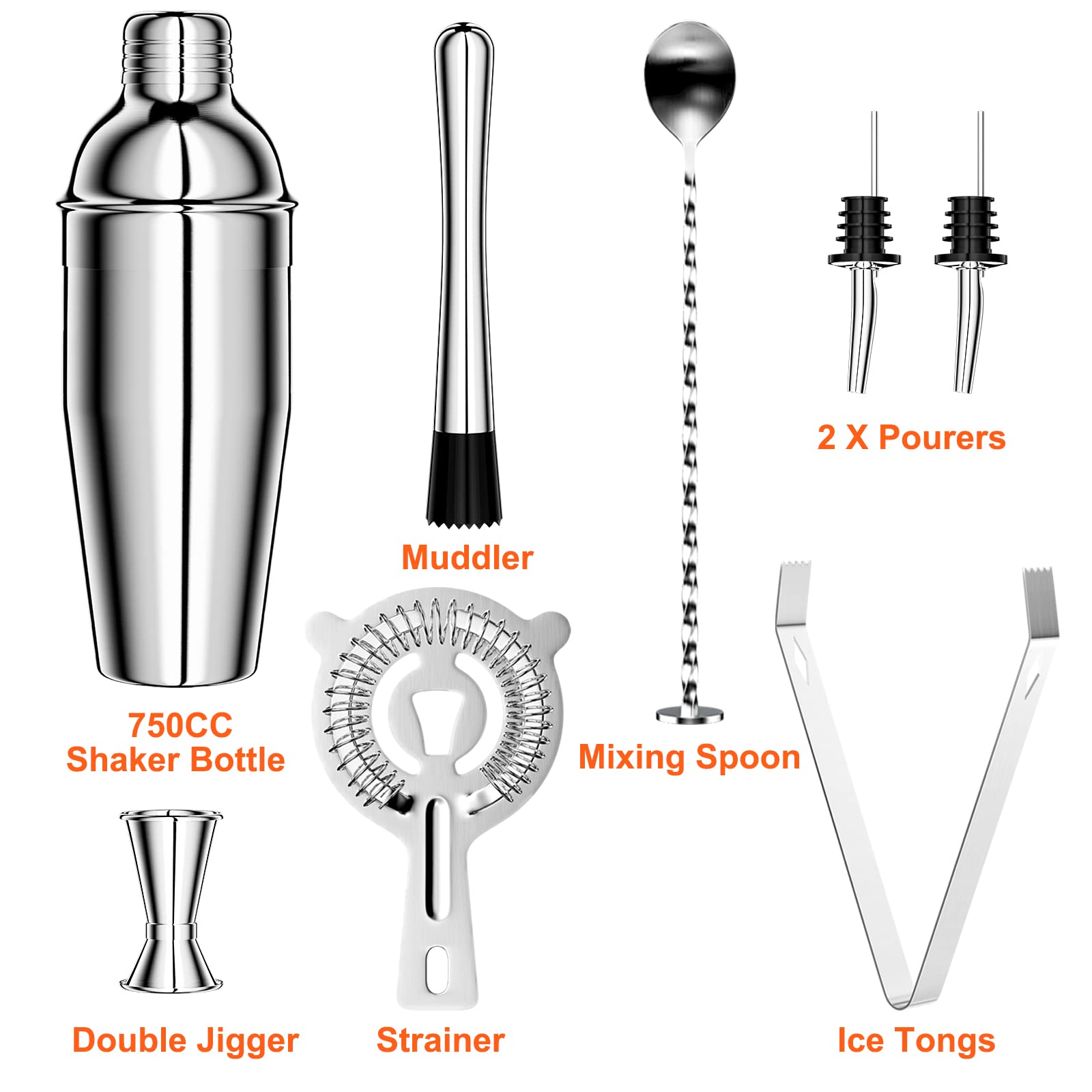 Newaner 750ML Coctelera, 8 piezas juego de Coctéles de acero inoxidable, profesional barman herramientas con colador, medidor, cuchara, vertedor, para mezclar bebidas, hogar, barra, fiestas (plata)