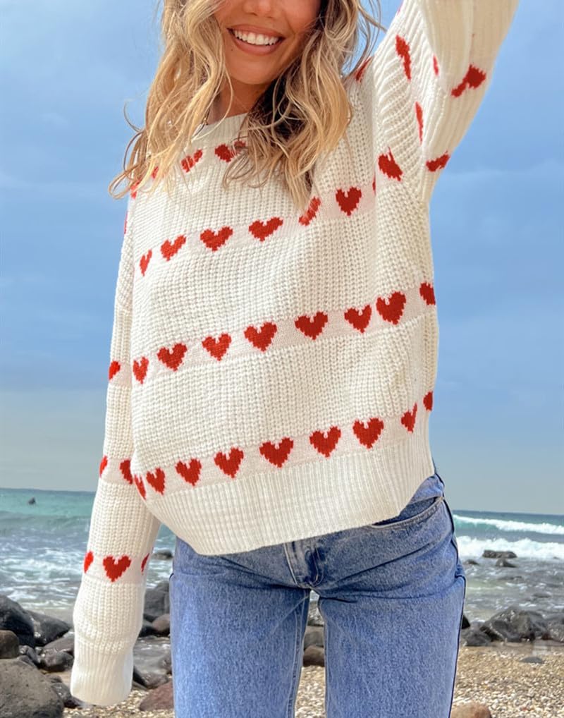 Women Heart Print Sweaters Crewneck Loose Fit Knit Pullover Casual Sweater Tops - Image 6