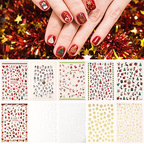 Febsnow Christmas Nail Stickers 10 Sheets Nail Art Stickers Self-Adhesive Christmas Nail Decals Winter Snowflake Santa Reindeer Snowman Holiday Xmas Nail Supplies Nail Art Accessories For Women Girls #TOP26
