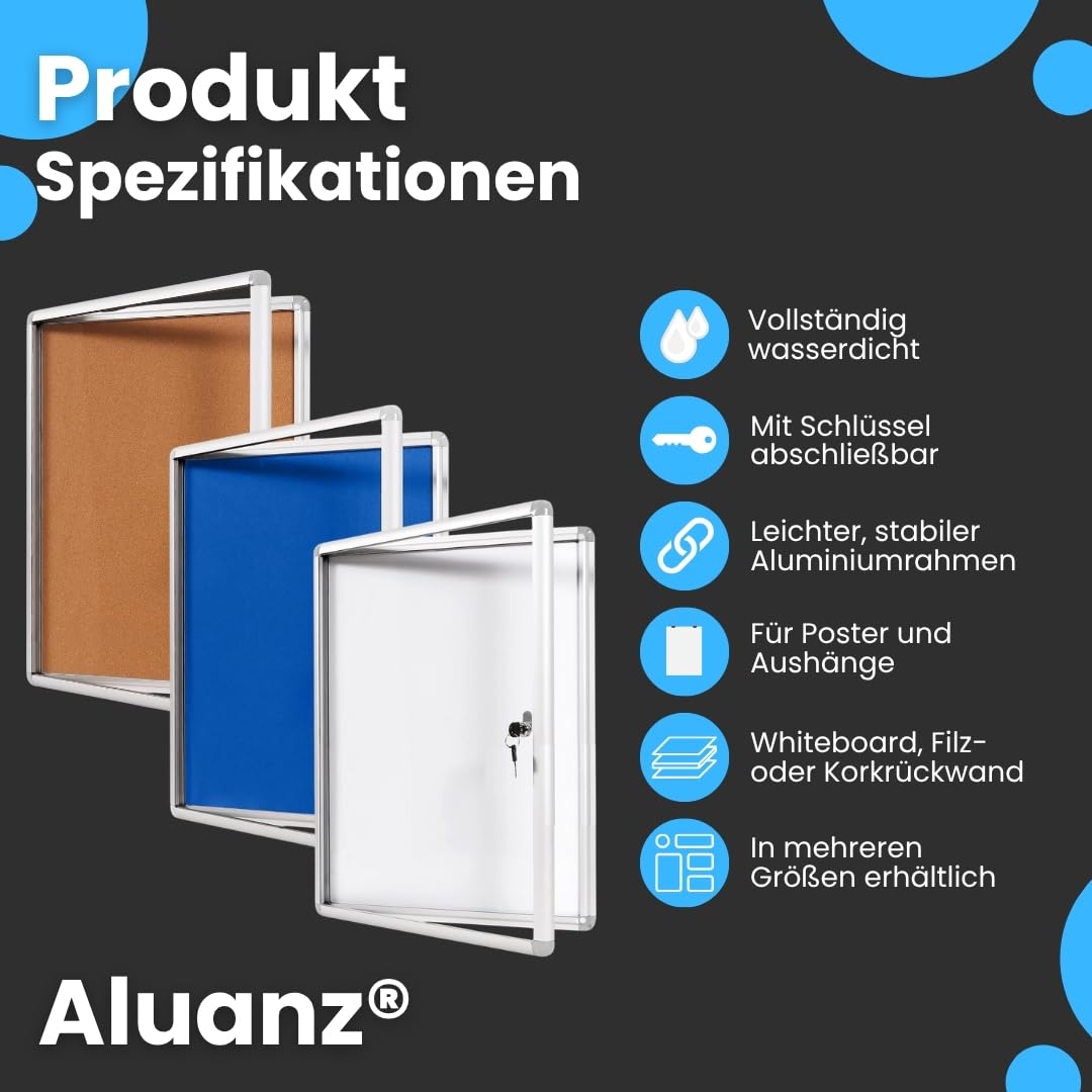 Schaukasten DIN 4 x A4 - Infokasten mit Magnetischer Whiteboard-Rückwand, Notiztafel, Abschließbarer Plakatschaukasten mit Schloss für Büro, Schule, Hotel - Wand-Montage - 50 x 67 x 3 cm