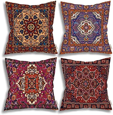 Ansoela Red Turkish Pillow Covers Persian Carpet Tribal Texture Throw Pillows 18x18 Inch Set of 4 Square Outdoor Decorative Couch Pillows for Living Room Bed Sofa Home Farmhouse Decor Cushion Covers