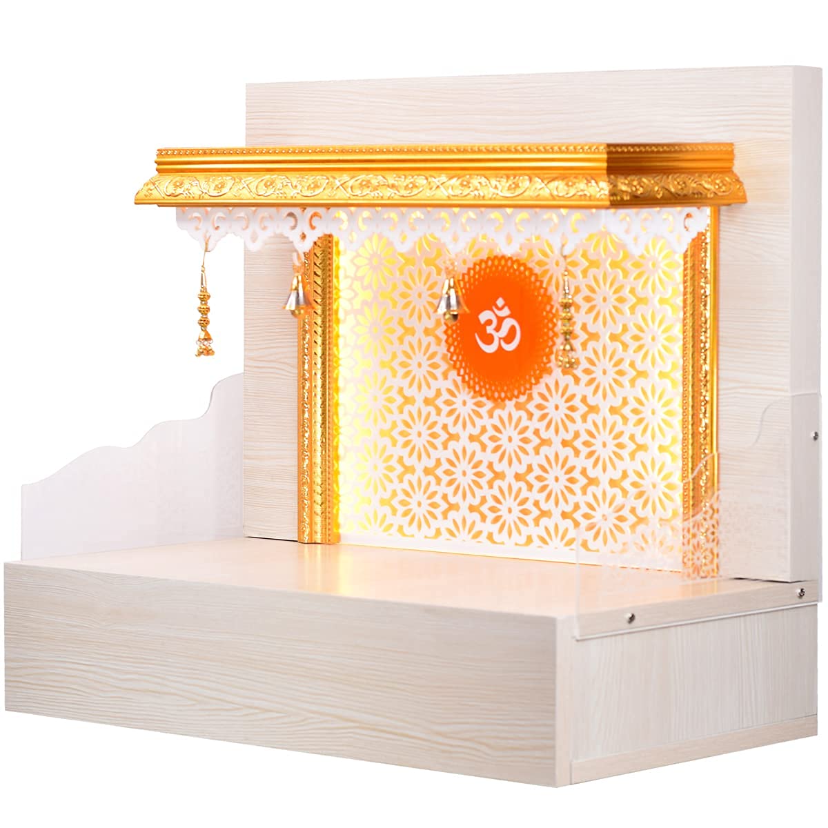 Mandir de madera lujoso de diseño acrílico y detalles de ladrillo de bronce