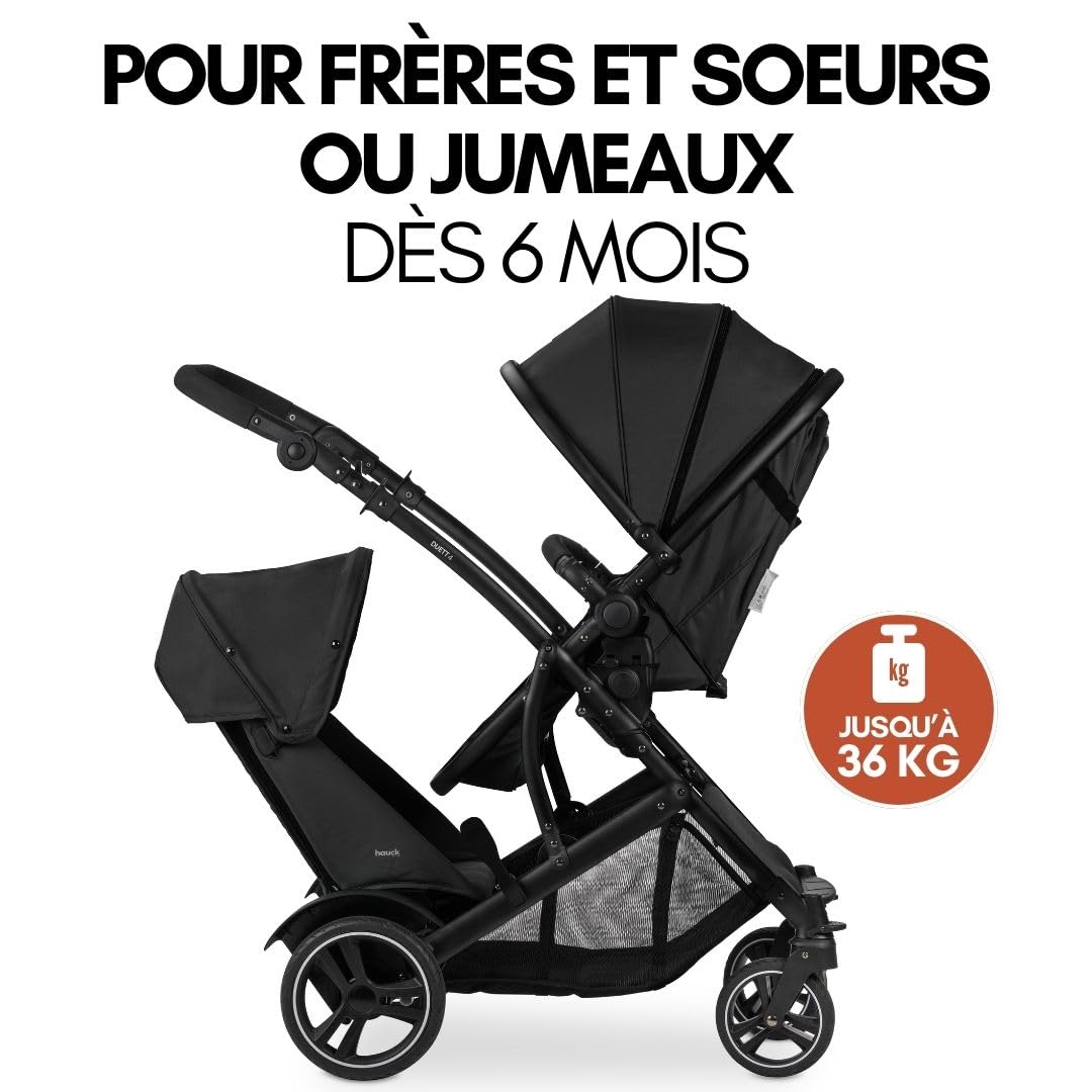 hauck Poussette Double Duett 4 - pour 2 Enfants, Tandem Superposé, Couvre-Jambes, Protection Pluie, Siège Convertible en Nacelle, Compacte, Jusqu'à 36 kg - Noir
