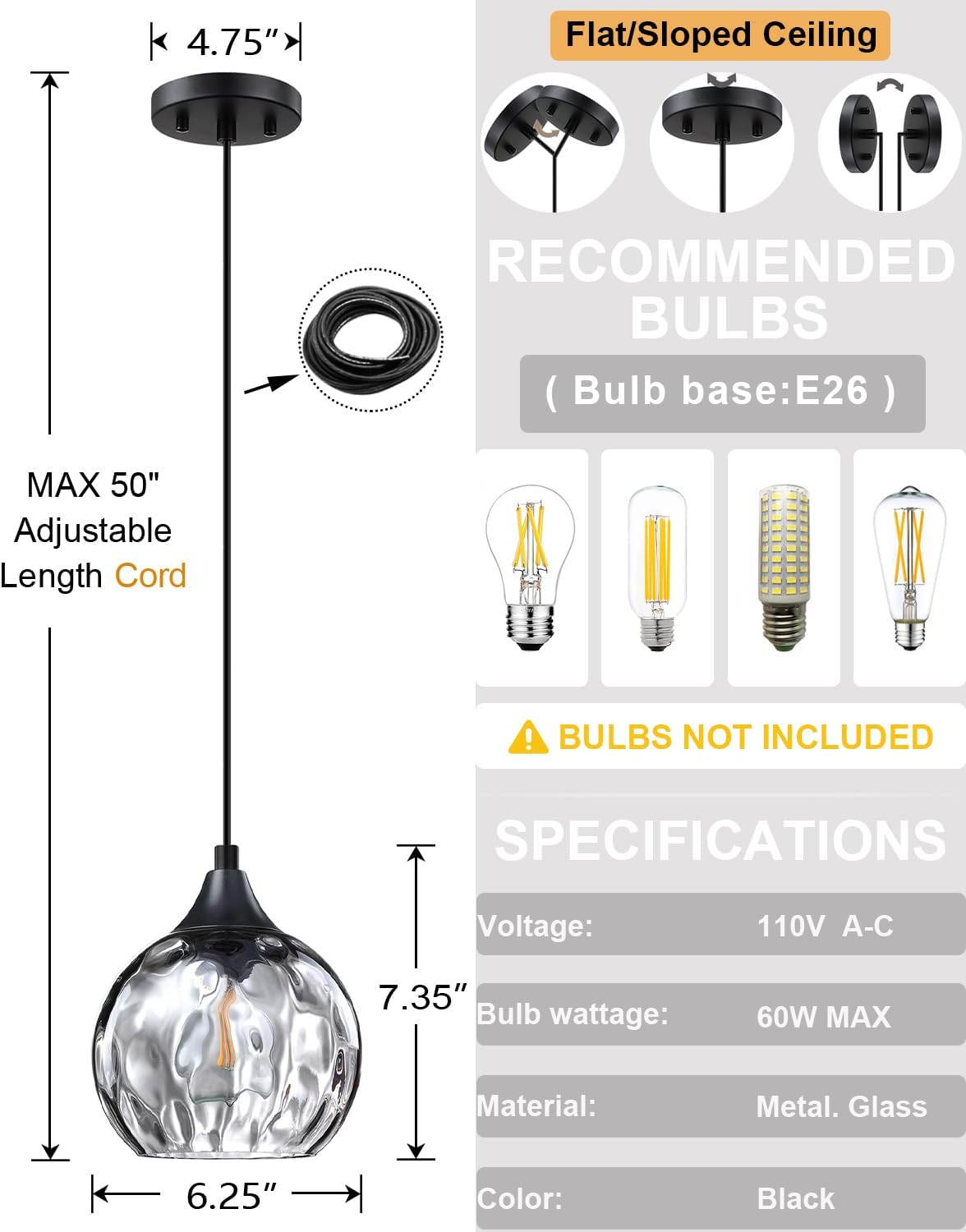 Diagram showing dimensions and bulb specifications for the pendant light.