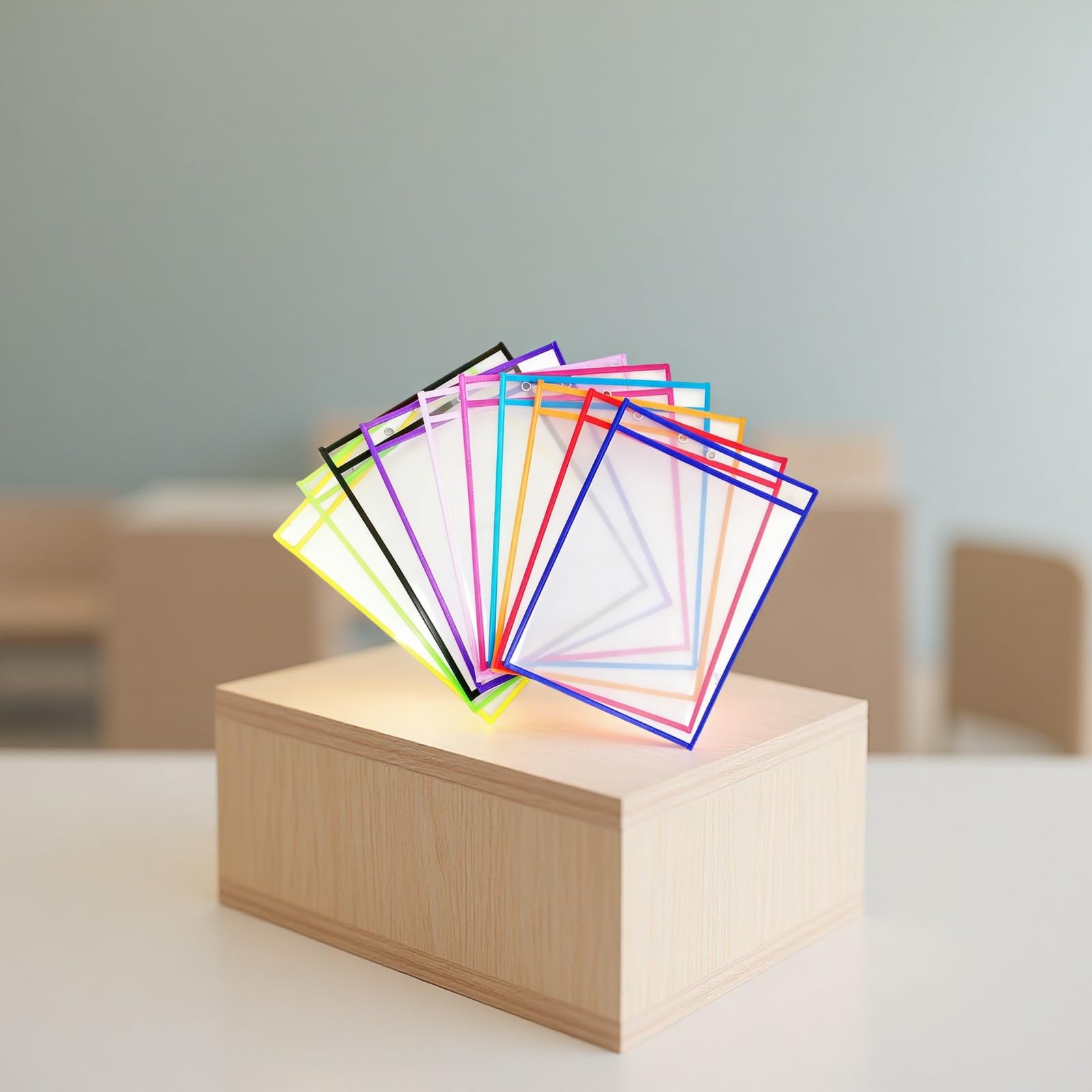 10 Stk. A4 wiederverwendbare Trockenlöschhüllen, 10 Farben, transparente Trockenlöschhüllen mit abwischbarem Etikett, obere Hängemappe für Dokumente zur Organisation in Schule, Büro, Zuhause