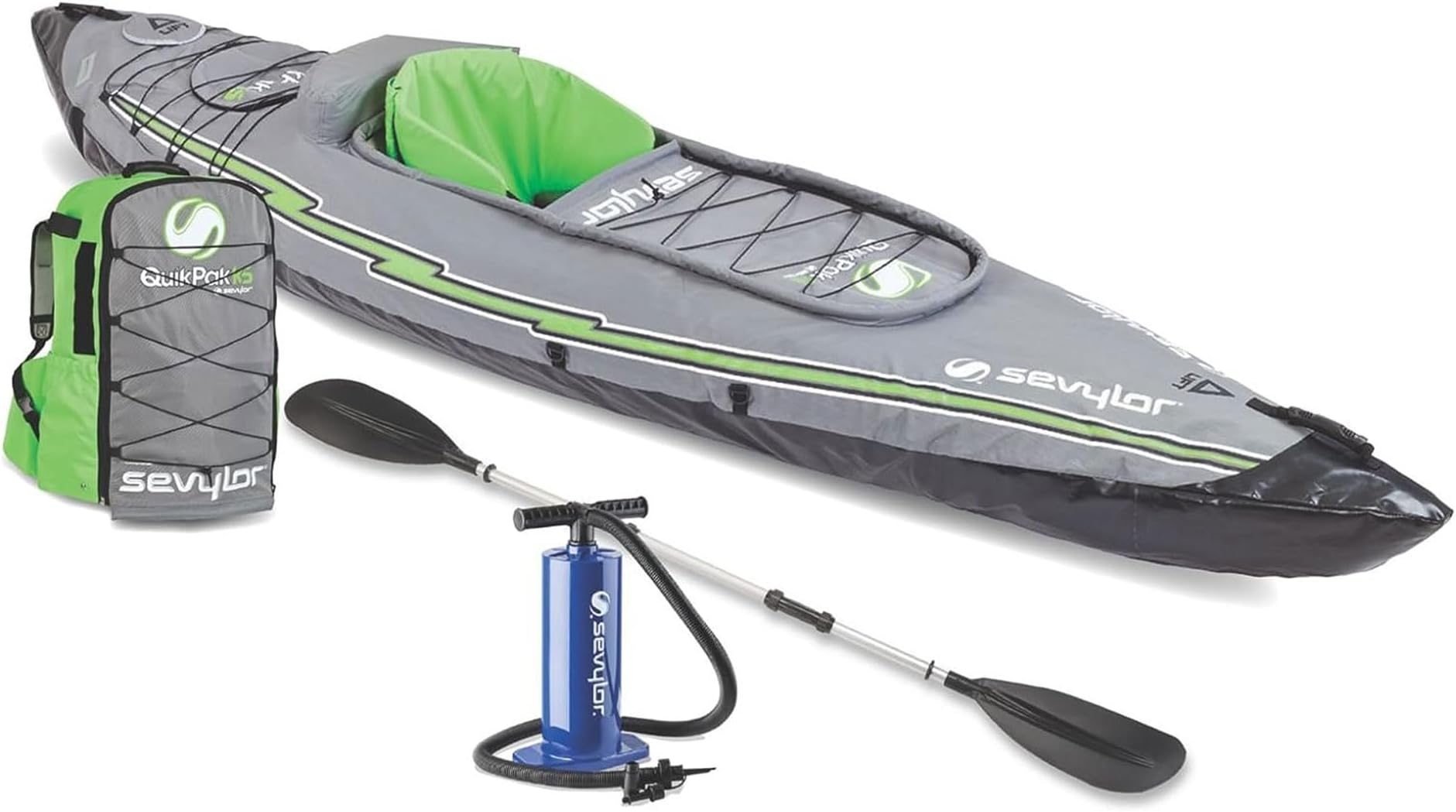 QuickPak K5 24 Gauge PVC Polyester 1 Person Inflatable Kayak w/Hand Pump, Paddle, Double Lock Valves and Easy To Carry Backpack System, Gray