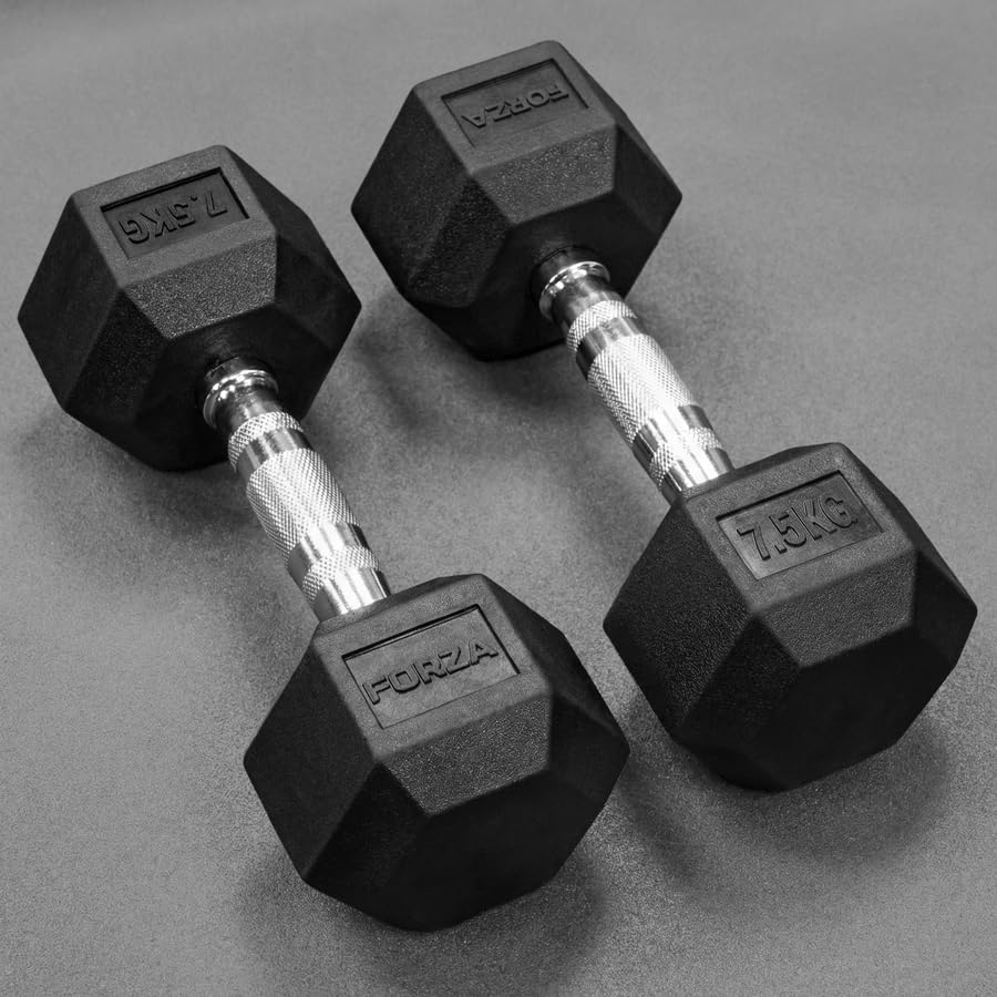 FORZA Rubber Hex Dumbbells [2.5kg - 50kg] | Gym & Home Weights - Pair of Weights (7.5kg)