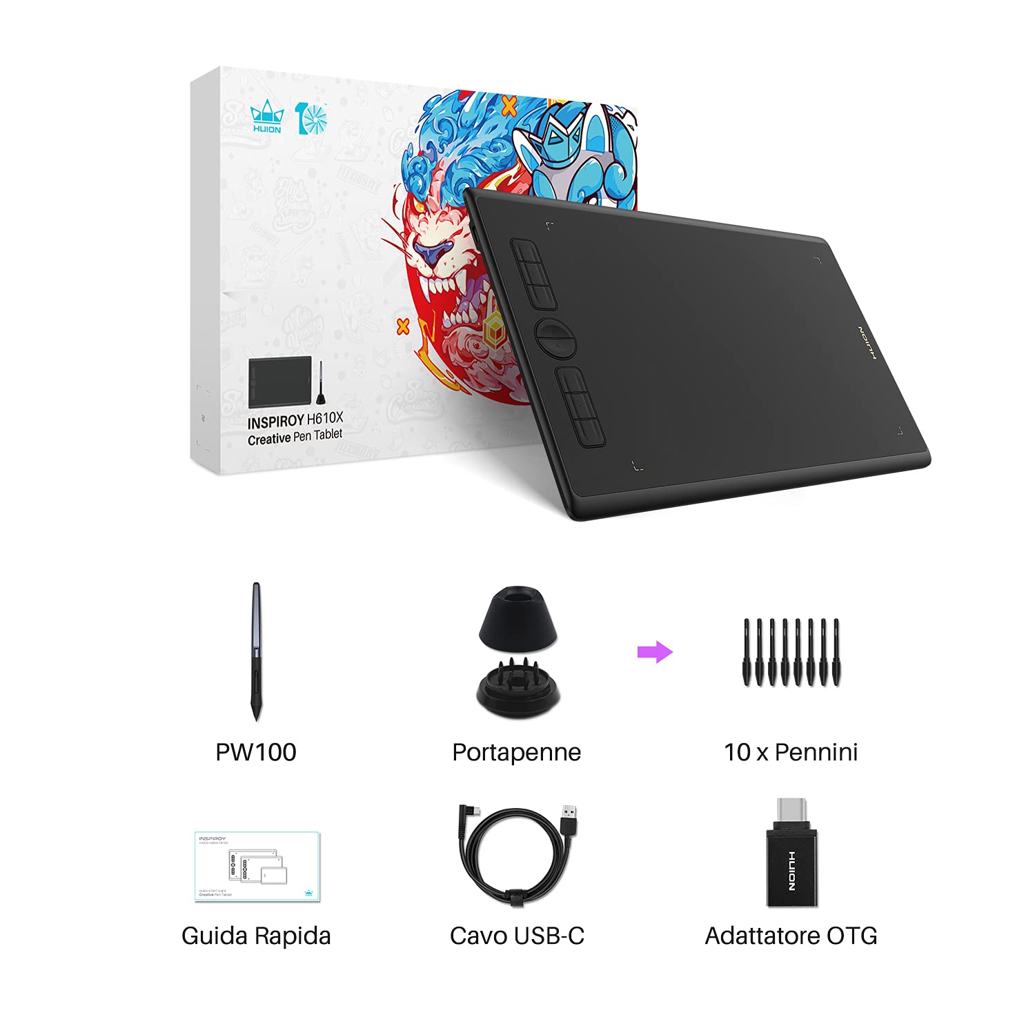 HUION Inspiroy H610X Tavoletta Grafica 10 × 6,25 pollici Tavolette Grafiche con 8 Tasti Programmabili e Penna a Pressione Senza Batteria Compatibile con Windows, macOS, Chrome OS e Telefoni Android