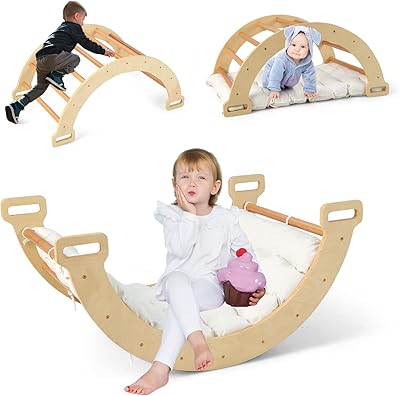 INFANS 4 in 1 Arch Climbing Toys for Toddlers, Montessori Wooden Arch Climber Ladder Structure and Rocker with Cushion Pad, Waldorf Children Indoor Outdoor Gym Learning Playset for Kids Boys Girls