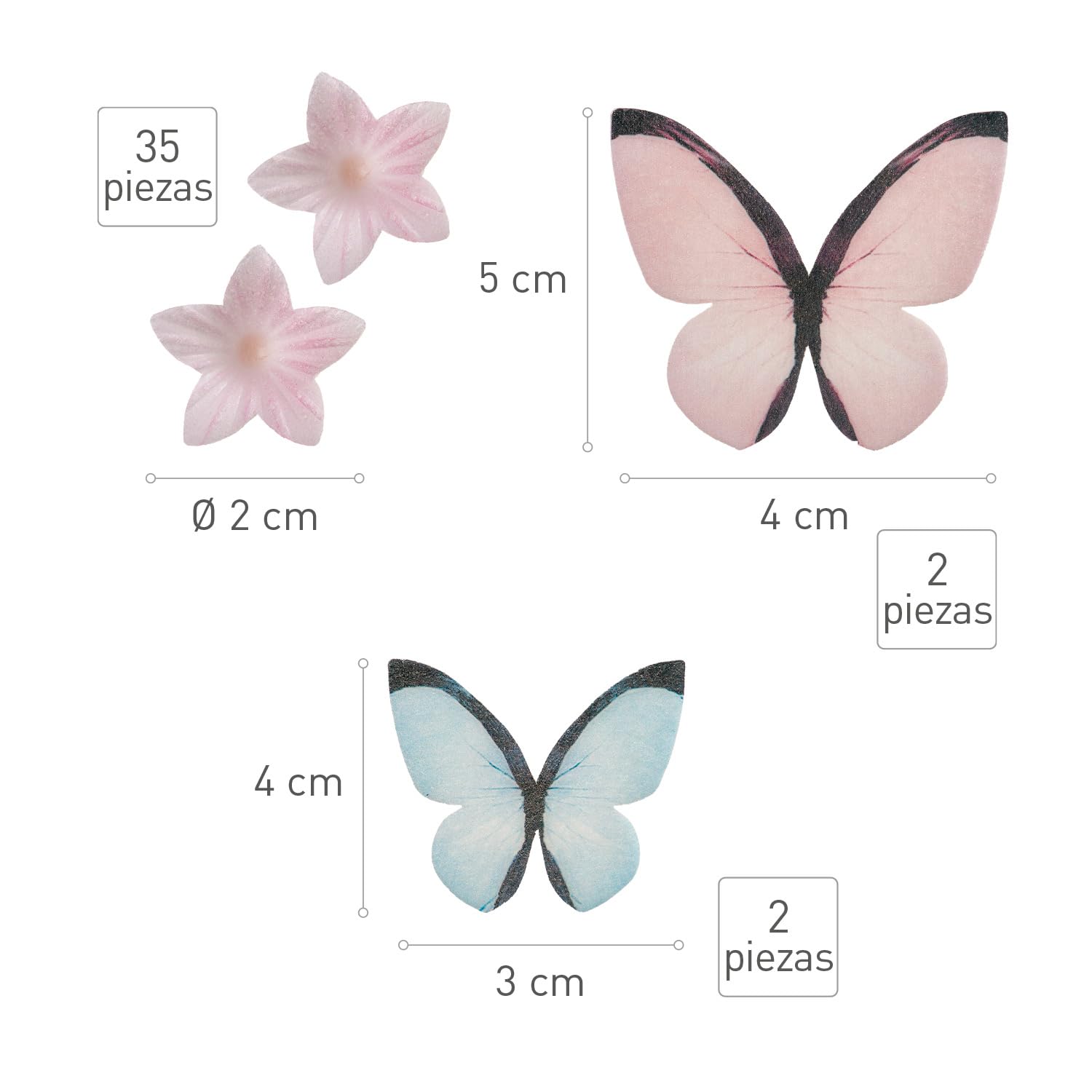 Set de Decoraciones Comestibles para Tartas y Cupcakes - Obleas Sin Gluten, Azúcar ni Lactosa - 39 Piezas - Flores Rosas, Hojas Verdes y Mariposas