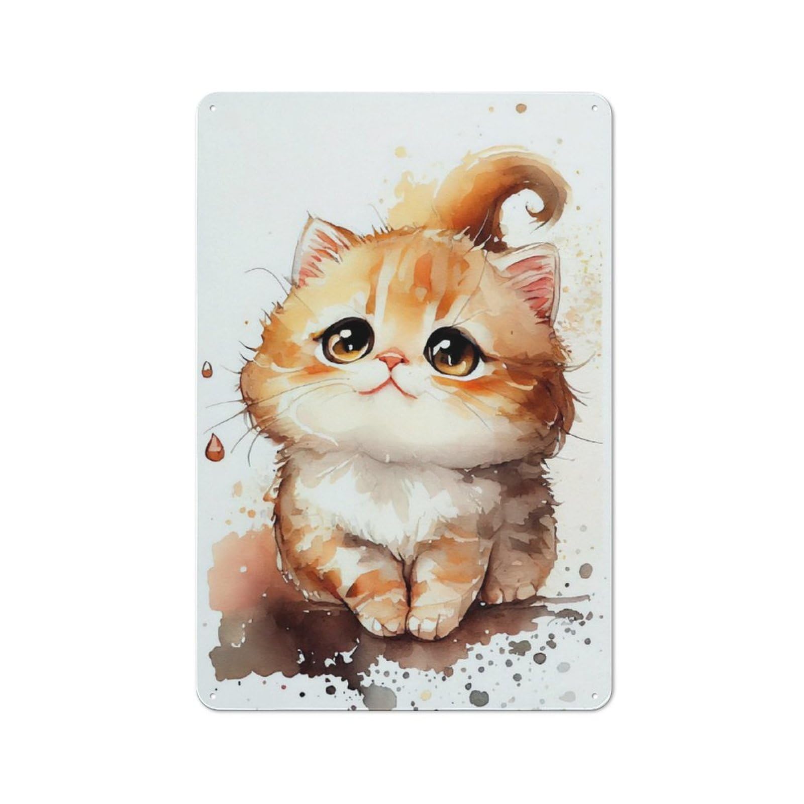 Junmoney Cat Cute Watercolor Tin Wall Plaque 30X20cm With For Dining Room Or Kitchen, A Metal Wall Feature For Kitchens And Dining Spaces