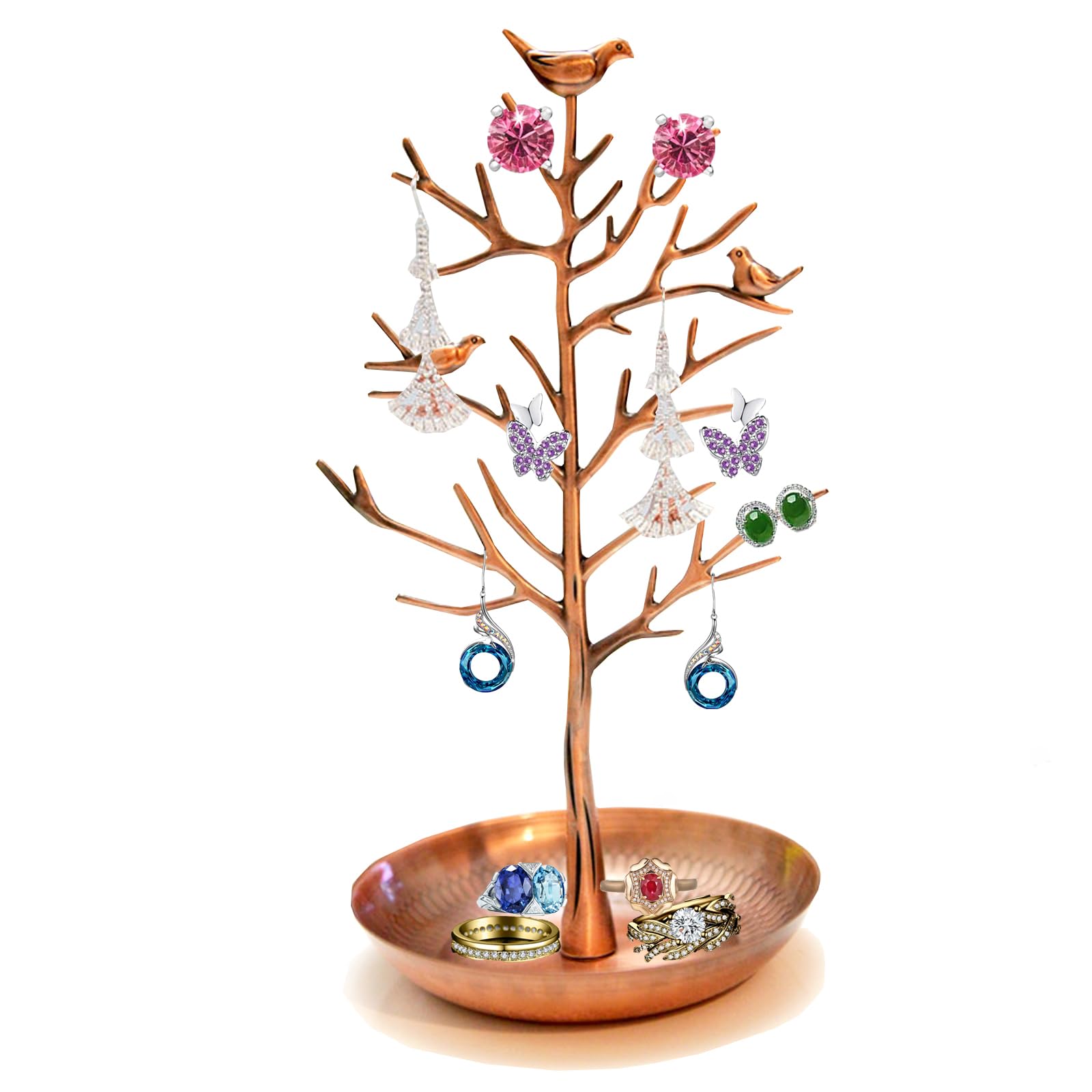 Hibucuo Antique Brass Bird Jewellery Display Stand Holder,Silver Bronze Birds Tree Earring Necklace Bracelets Jewelry Holders Hanging Organiser Rack Tower For Ring Earrings Necklace Bracelet