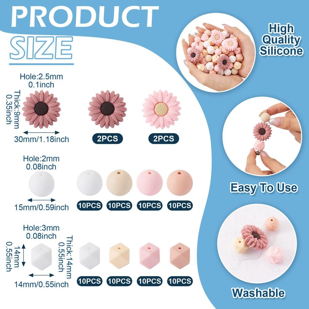 Beadthoven 23Pcs Sunflower Silicone Focal Beads for Pen, 15mm Round Rubber Loose Beads 14mm Octagon Spacer Bead for DIY Bracelet Necklace Earring Keychain Jewelry Making, Old Rose - Image 4